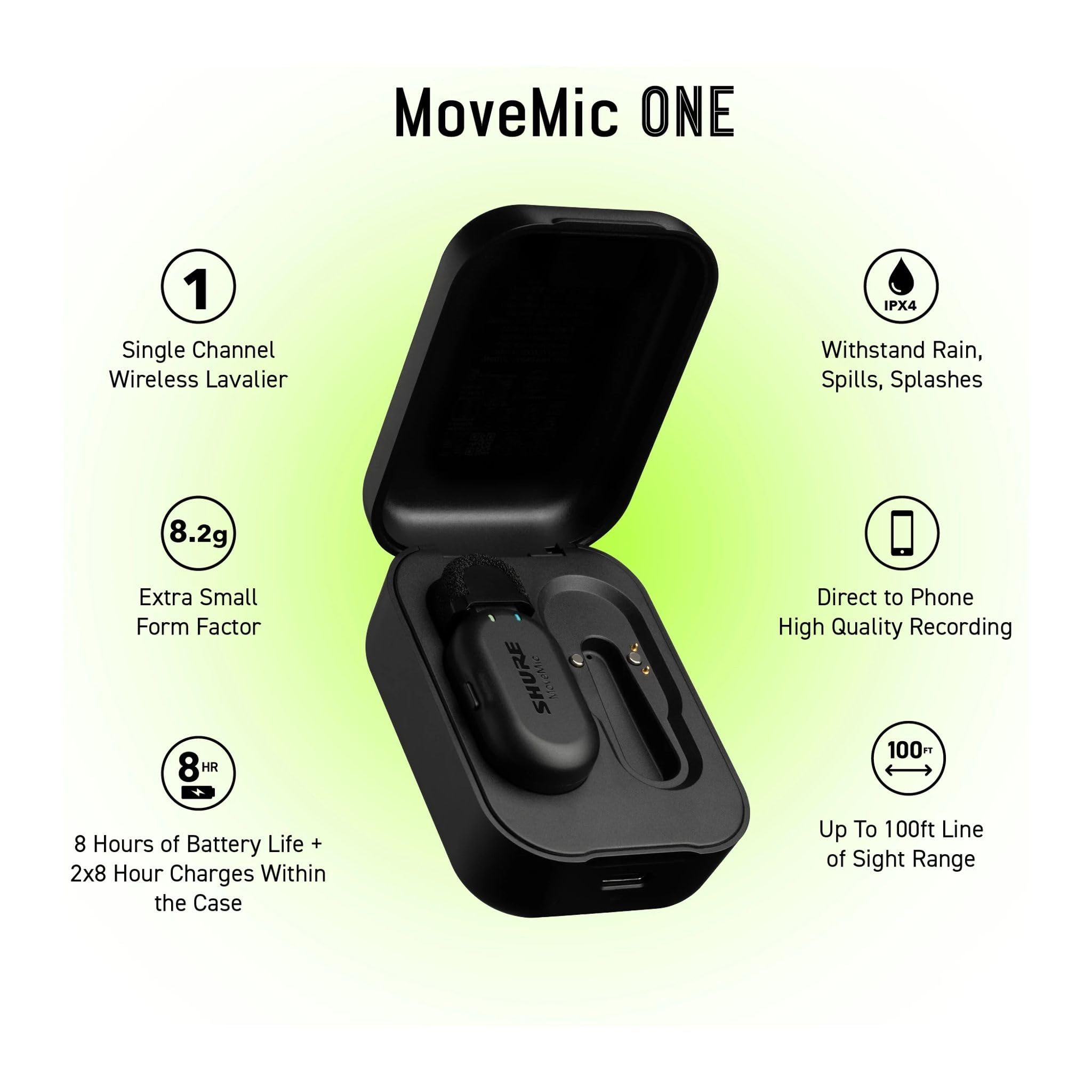 Shure MoveMic One - Professional Wireless Lavalier Microphone for iPhone & Android | Bluetooth Clip-on Mic with 24-Hour Battery, Quick Setup & IPX4 Water Resistance | Perfect for Podcasting, Vlogging, Interviews & Live Streaming (MV-ONE-Z7)