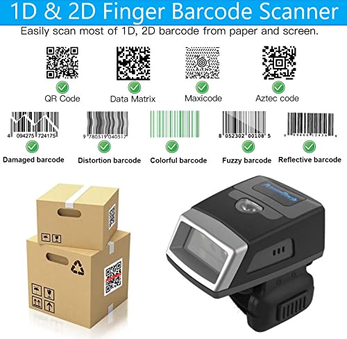 2D Wireless Bluetooth Barcode Scanner - Wearable Mini Ring Scanner with 550mAh Replaceable Battery, IP65 Waterproof, Compatible with Android/iOS (EF02/FS02) - Perfect for Retail, Warehouse, and Inventory Management
