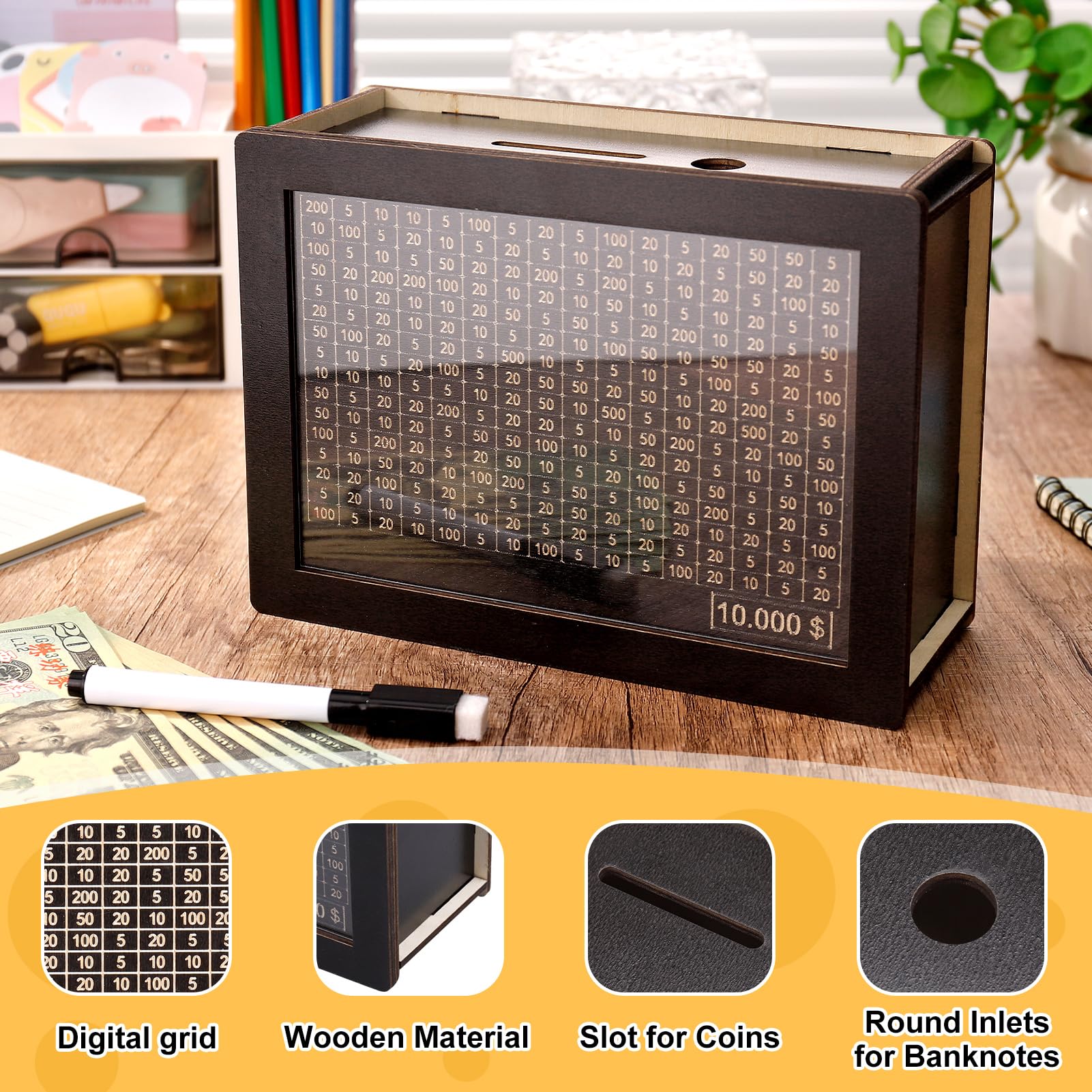 Wooden Cash Vault Savings Box with Digital Counter - Retro Money Saving Bank for Kids & Adults (10,000 Challenge, Black) - Perfect for Home Budgeting, Piggy Bank Alternative & Financial Education Gift