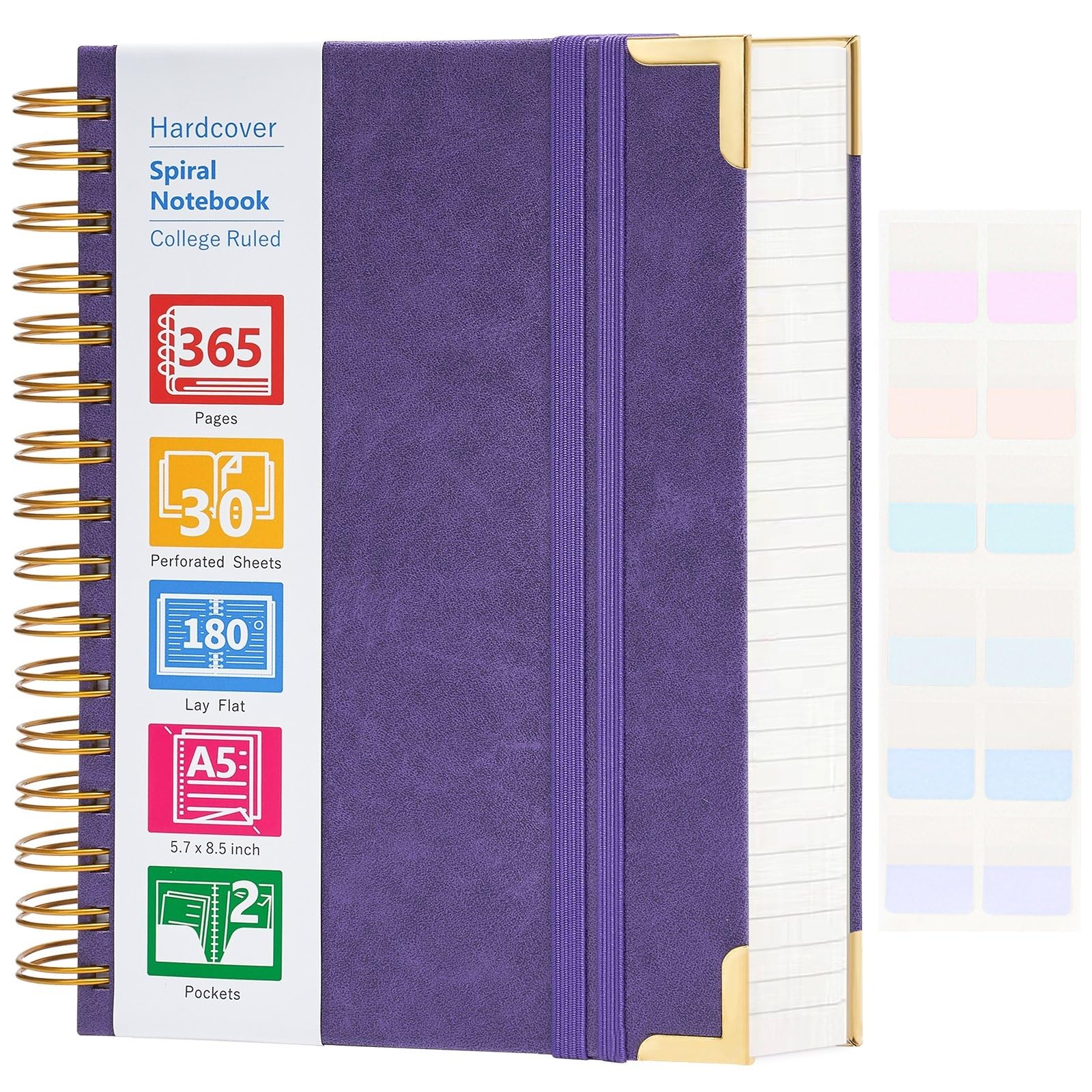 Premium 365-Page Hardcover Leather Notebook Journal - A5 Lined Spiral Notebook for Work, School & College | Durable Purple Writing Journal with 24 Index Tabs (5.5