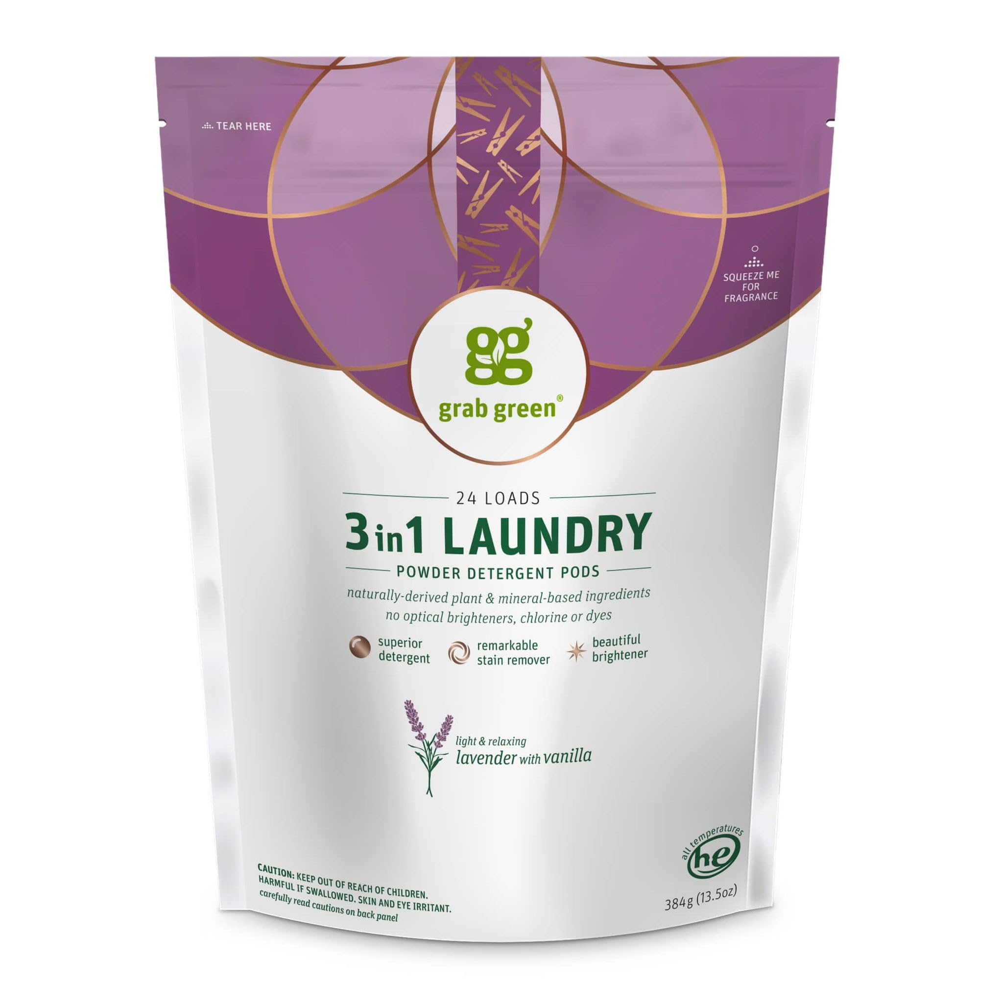 Grab Green 3-in-1 Laundry Detergent Pods, 24 Count - Lavender Vanilla Scent, Plant & Mineral Based, Powerful Stain Remover & Clothes Brightener | Ideal for Everyday Laundry, Travel & Eco-Friendly Cleaning