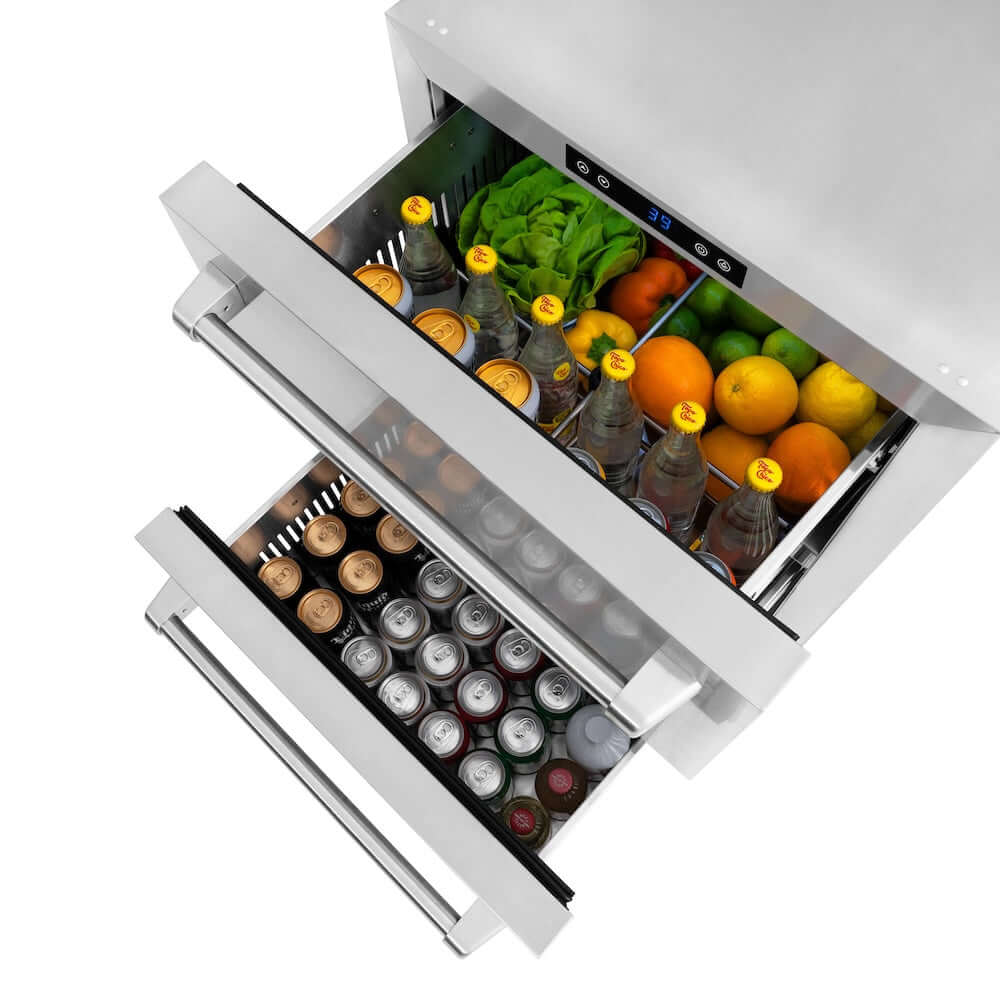 ZLINE 24 Inch Stainless Steel Outdoor Rated Dual Refrigerator Drawer - 168 Can Capacity, Touchstone Series (RDSO ST 24) - Perfect for Outdoor Kitchens, Patios, and Entertaining Areas