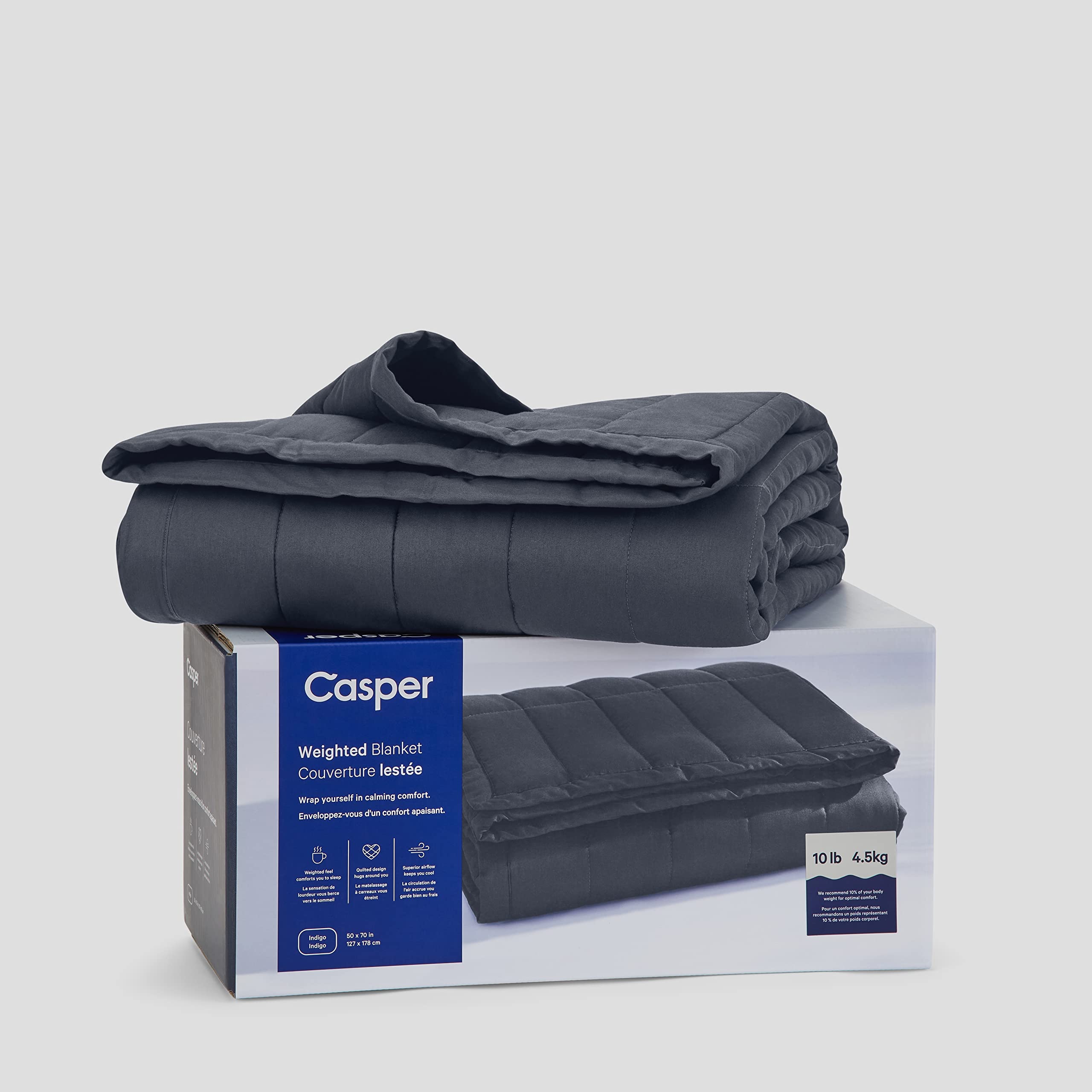 Casper Sleep Weighted Blanket 10 lbs - Premium Indigo Blue Gravity Blanket for Adults - Anxiety Relief & Deep Sleep - Perfect for Stress Relief, Insomnia, and Relaxation at Home or Travel