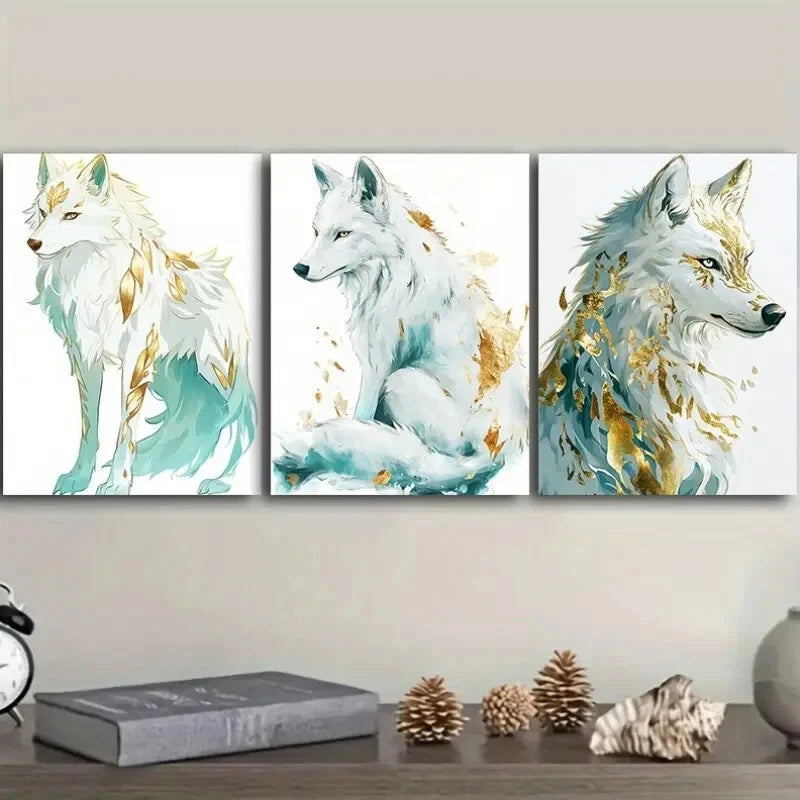 3-Piece Graceful White Wolf Art Painting - Metal Print Wall Decor Ready to Hang - Perfect for Living Room, Bedroom & Office Decor