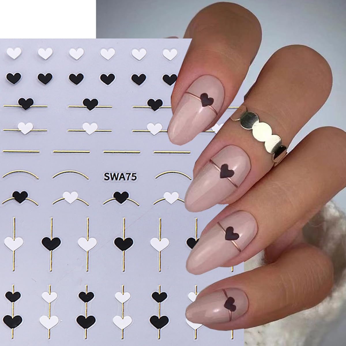 Valentine's Day Heart Nail Art Stickers - 6PCS Black White Red Heart French Tip Stripes Nail Decals for Women | Perfect for Valentine's Nail Designs, DIY Nail Art Decorations & Special Occasions