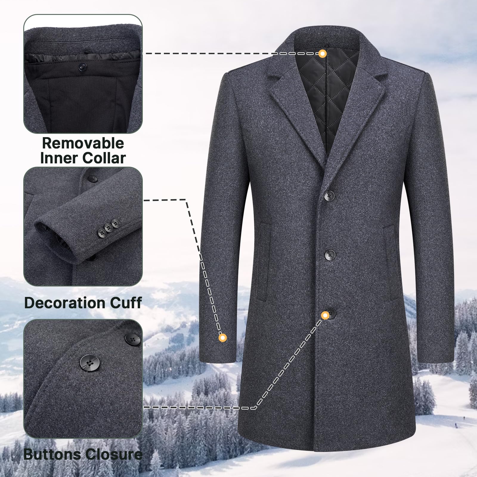 Premium Men's Wool Blend Trench Coat with Detachable Hood - Warm Winter Overcoat for Business, Office & Outdoor Activities