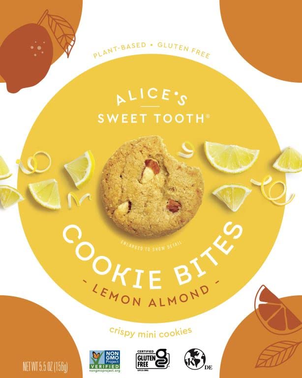 Alice's Sweet Tooth Lemon Almond Cookie Bites - Gluten-Free, Vegan, Crunchy Mini Cookies - Plant-Based, Dairy-Free, Grain-Free, Soy-Free, Kosher Certified - 5.5oz Pack - Perfect for Snacking, Gifts & Healthy Desserts