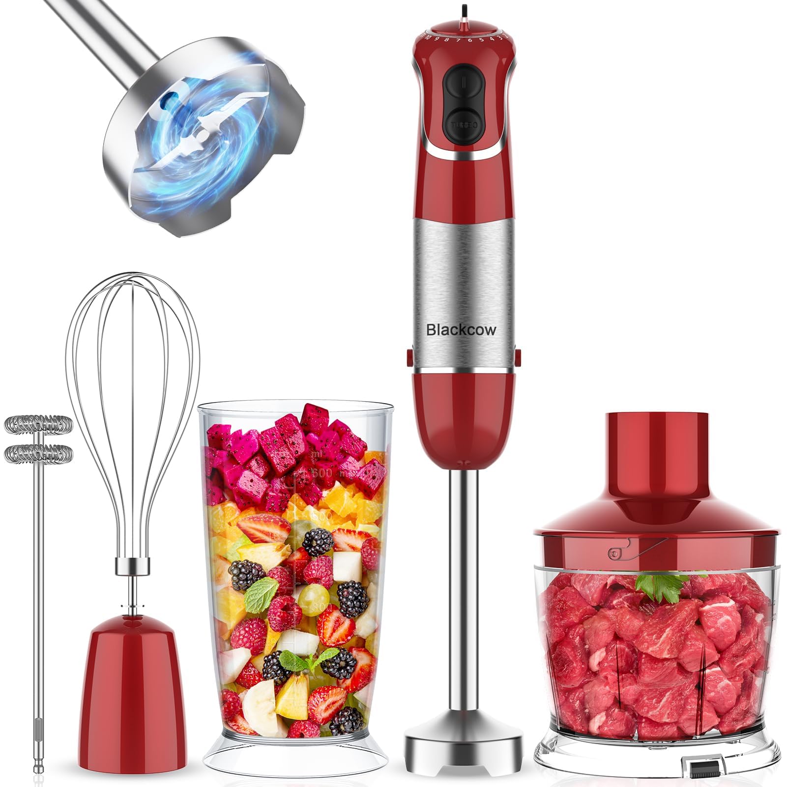 5-in-1 Immersion Blender 800W - BPA-Free Hand Blender with Stainless Steel Blade, 12 Speed Settings, Copper Motor - Includes Chopper, Whisk & Frother - Perfect for Smoothies, Soups, Sauces & Baby Food (Red)