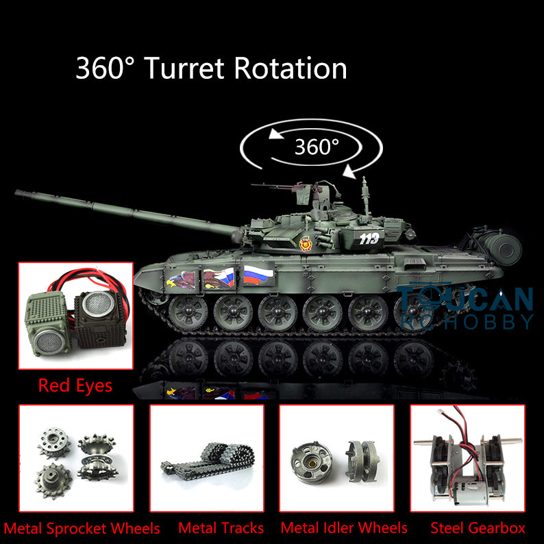 2.4Ghz Henglong 1/16 Scale 7.0 Russian T90 RTR RC Tank Model 3938 with 360° Rotating Turret, Red LED Eyes, Steel Gearbox & Metal Tracks - Perfect for Military Enthusiasts, Collectors and Outdoor RC Battles