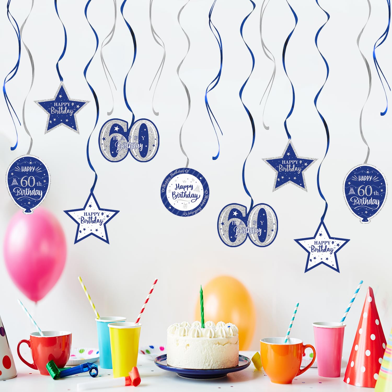 60th Birthday Party Decorations - Blue & Silver Glitter Swirl Streamers (15 Pcs) with 'Cheers to Sixty Years' Sign - Perfect for Milestone Celebrations, Anniversaries & Retirement Parties