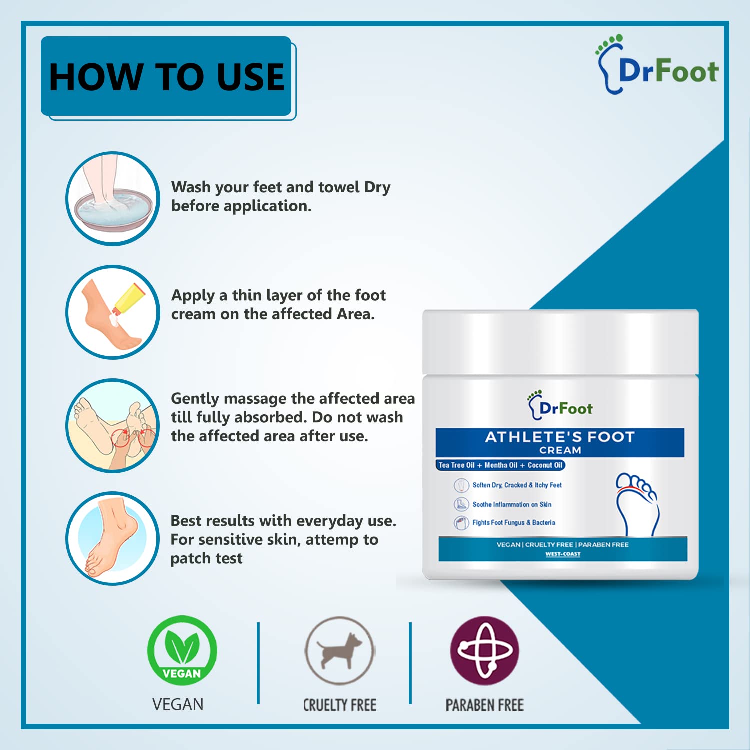 Dr Foot Athlete's Foot Cream - Soothing & Moisturizing Treatment for Dry, Cracked Feet with Tea Tree Oil, Menthol & Coconut Oil (100g) | Effective Foot Care for Athletes, Gym Goers & Daily Use