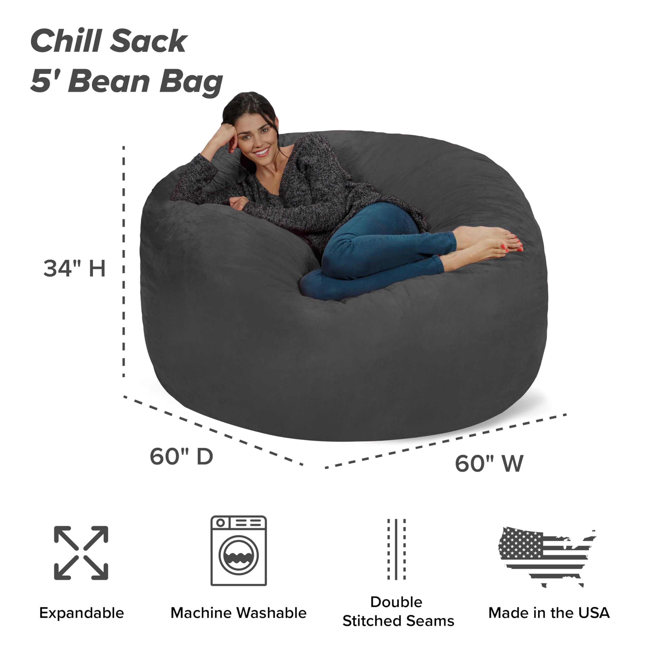 Chill Sack Giant 5-Foot Memory Foam Bean Bag Chair - Ultra Soft Microfiber Cover (Dark Gray) for Living Room, Game Room, Dorm or Bedroom - Oversized Comfortable Lounge Furniture for Relaxing, Gaming & Movie Nights