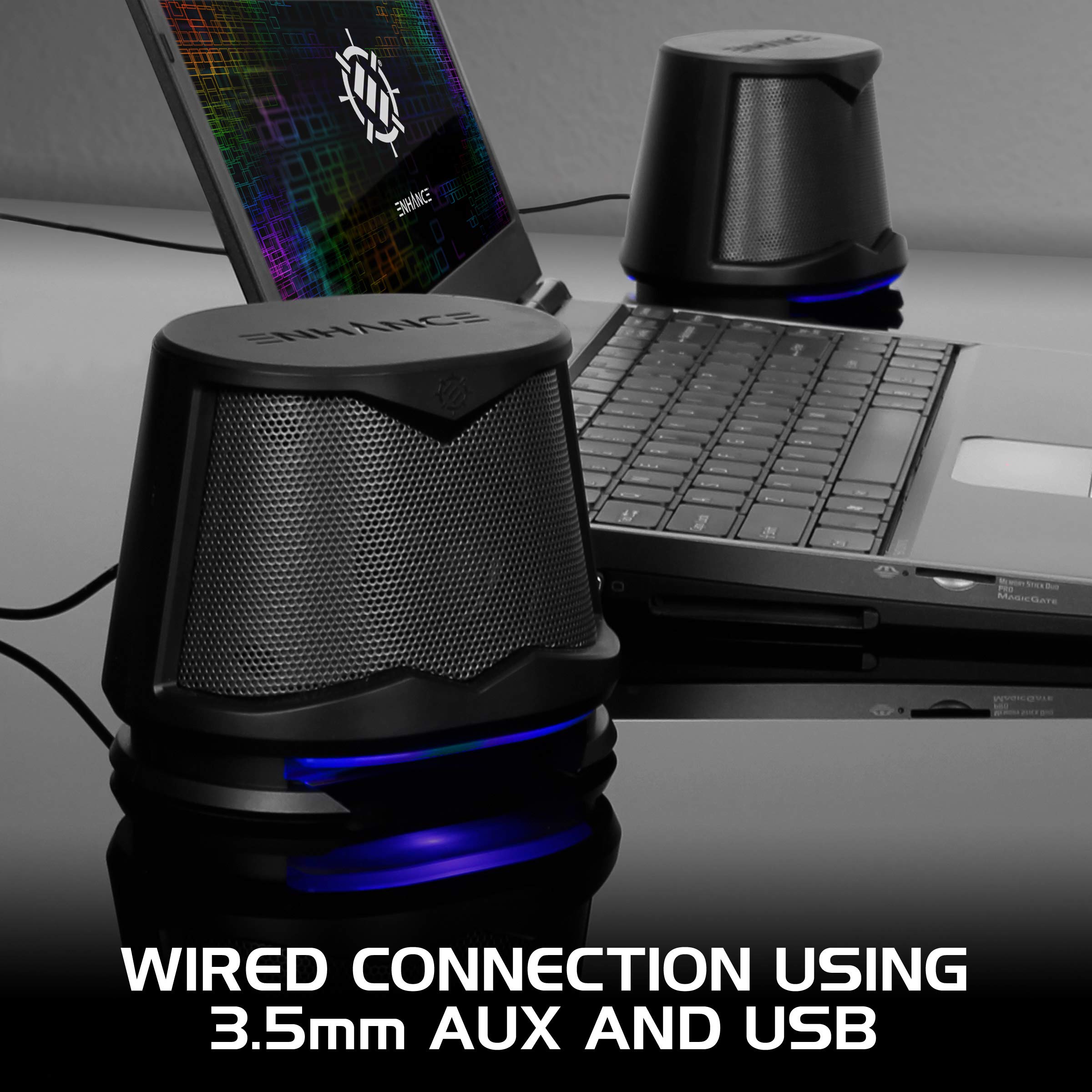 ENHANCE SB2 PC Speakers with Blue LED Lights - 2.0 USB Powered Computer Speakers (10W Peak, 3.5mm Wired Connection, In-Line Volume Control) - Ideal for Gaming, Desktop, Laptop & PC Setup - Black | Perfect for Home Office, Streaming & Multimedia Entertainment