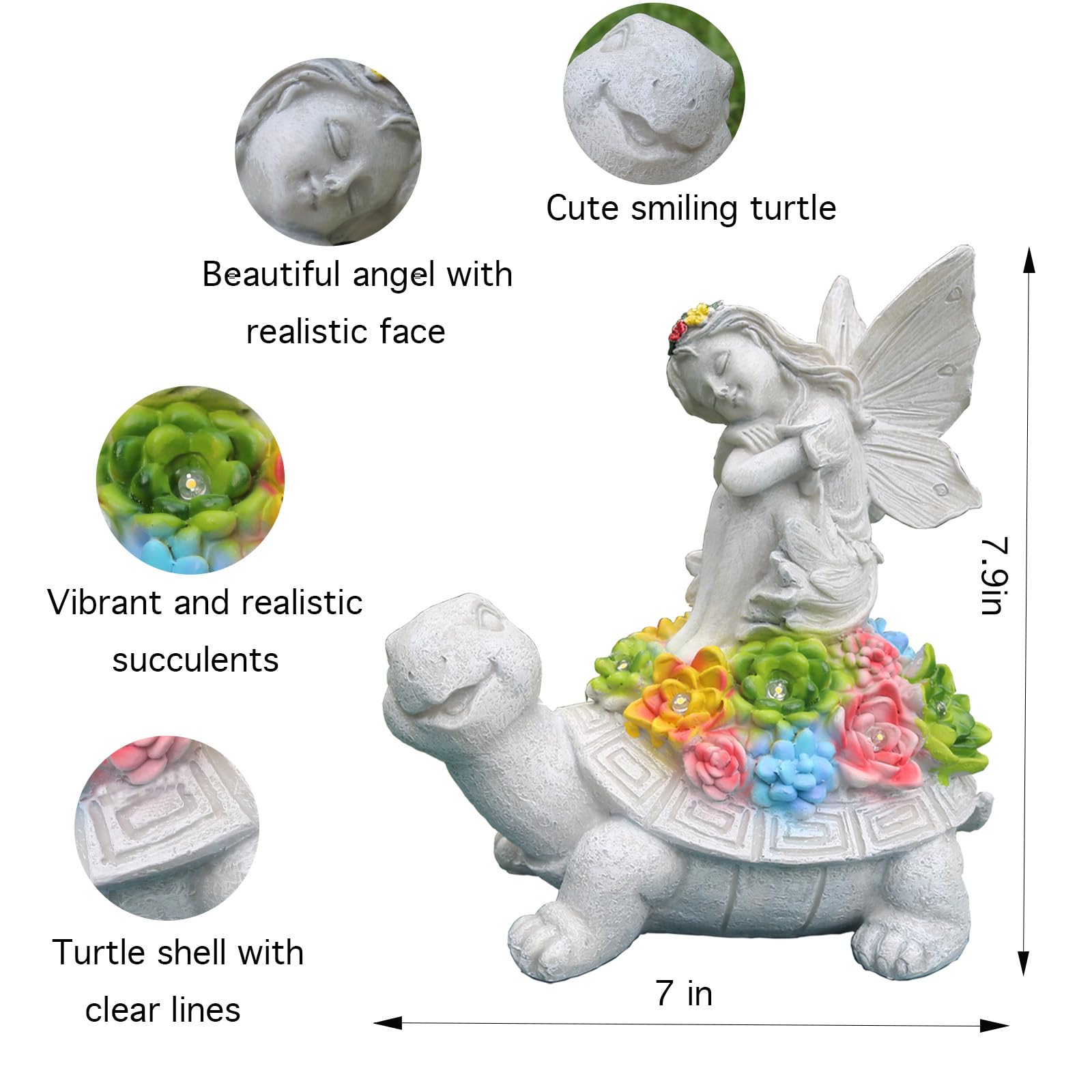 Solar-Powered Turtle & Angel Garden Statues with LED Lights & Succulents - Outdoor Decor for Patio, Yard, Lawn - Perfect Gift for Women & Grandma - Ideal for Garden Decor, Landscape Accents & Nighttime Illumination