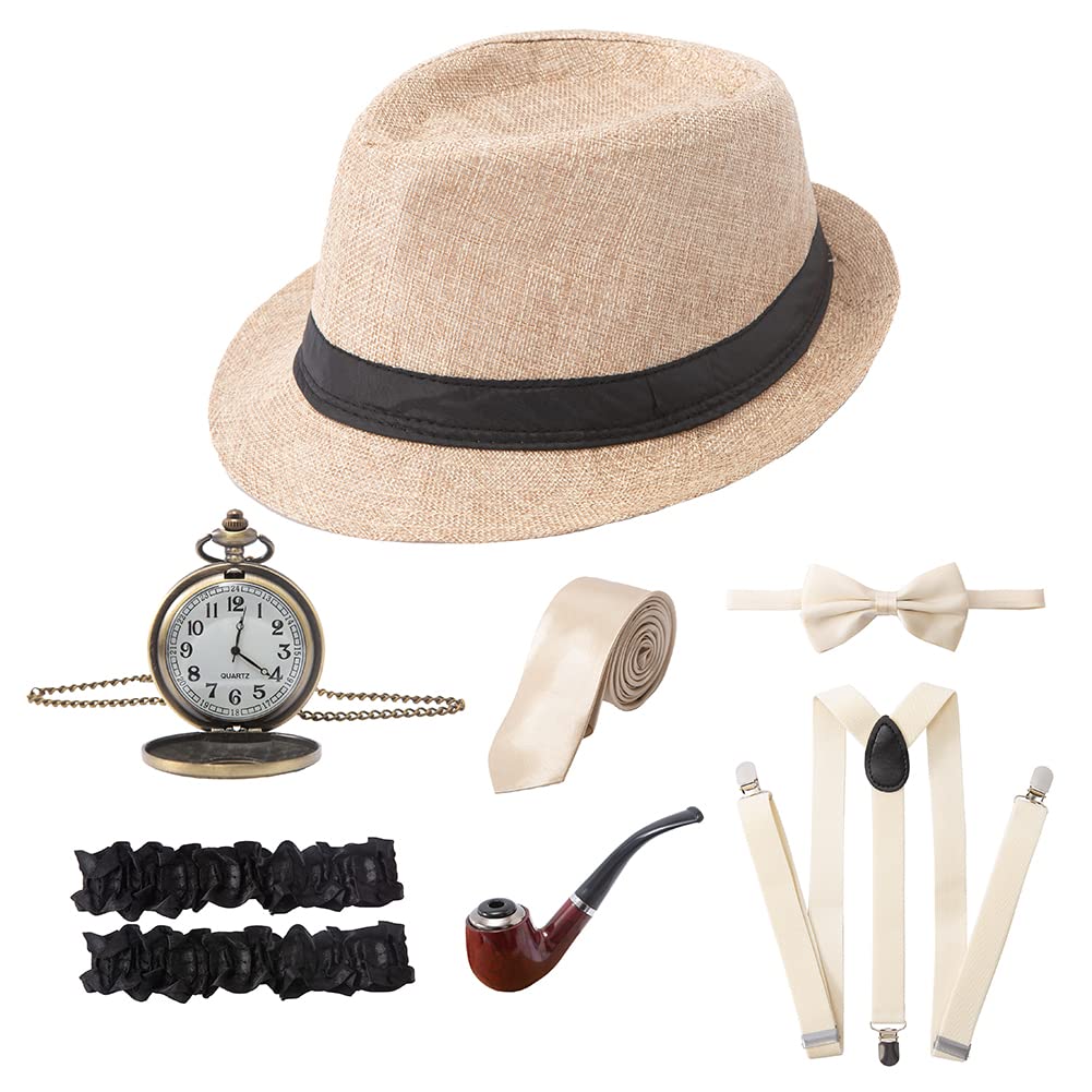 1920s Men's Gatsby Gangster Costume Accessories Set - Vintage Fedora Hat, Suspenders & More | Roaring 20s Themed Party, Halloween Costume, Cosplay Outfit