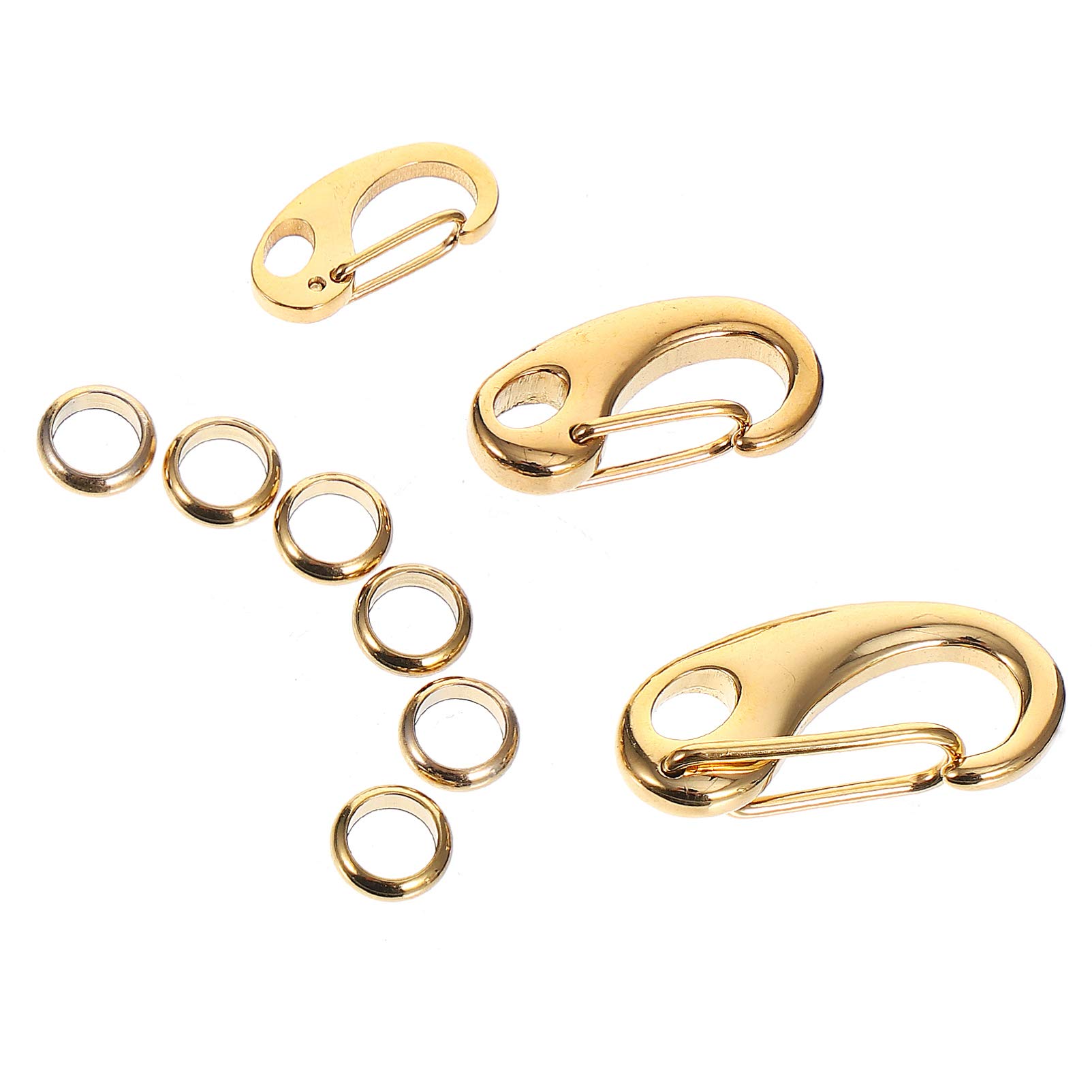 Mikikit 3Pcs Stainless Steel Dog Tag Clips - Pet ID Tag Holder for Collars & Harnesses, Quick Release Carabiner Clips with 6 Rings (Gold) - Perfect for Pet Identification, Travel & Outdoor Adventures