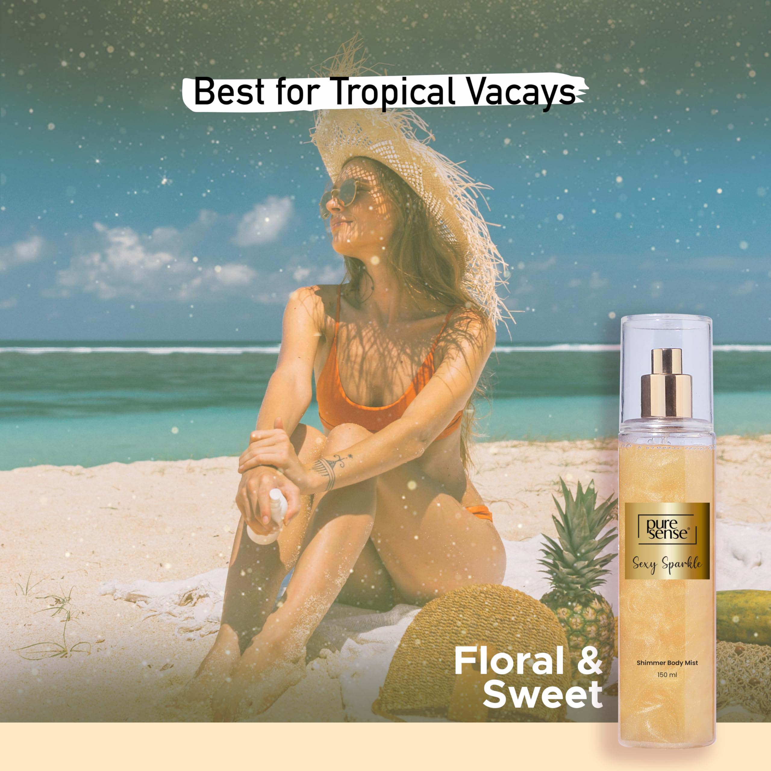 PureSense Sexy Sparkle Gold Shimmer Body Mist Spray for Women - Long Lasting Luxury Fragrance, Refreshing & Travel-Friendly (150ml) | Perfect for Date Nights, Parties & Everyday Glam
