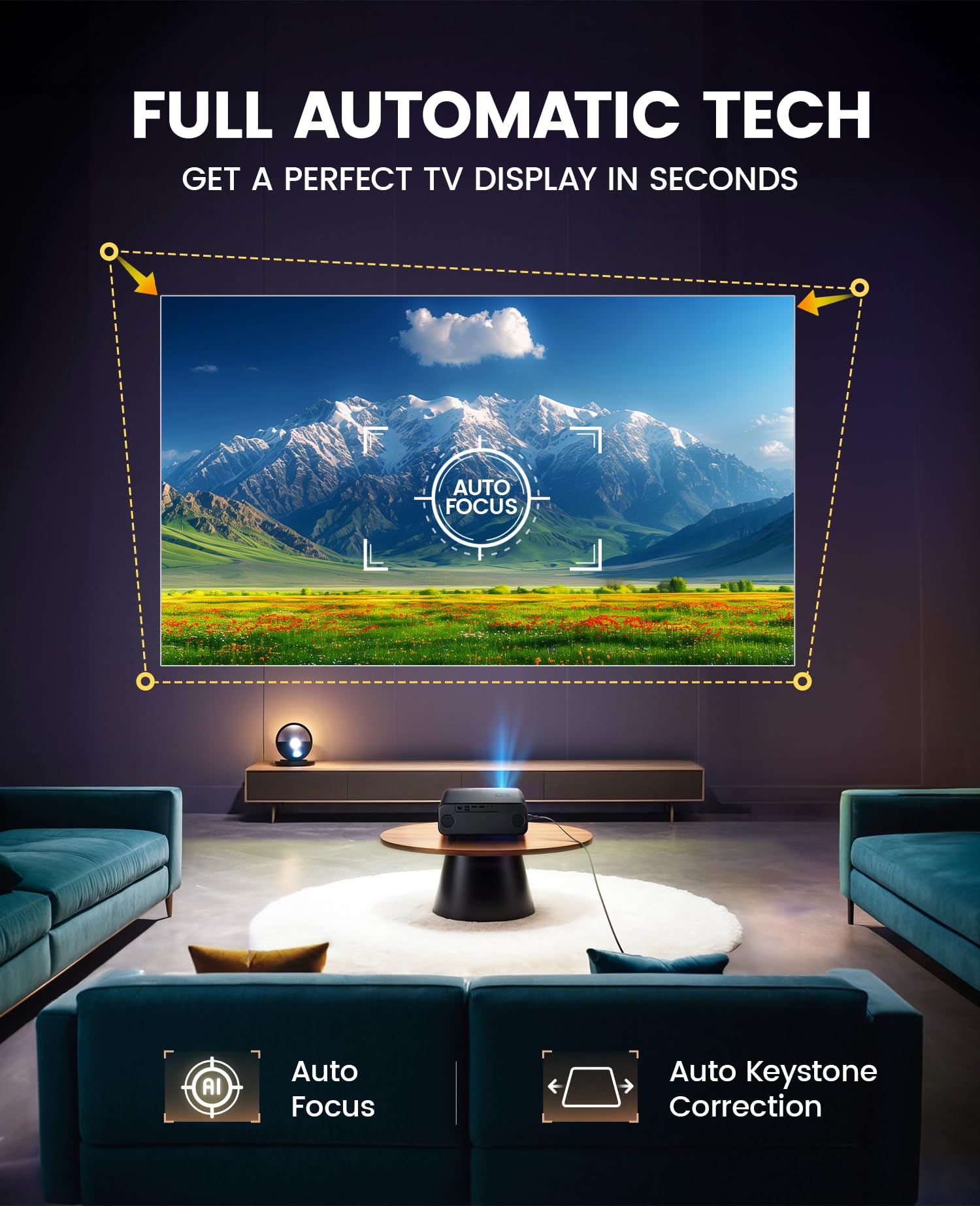 Auto Focus & Keystone Projector - 30000 Lumen WiFi 6 Bluetooth Full HD 1080P Portable Projector with 4K Support, 4D/4P Keystone Correction, 50% Zoom, 300