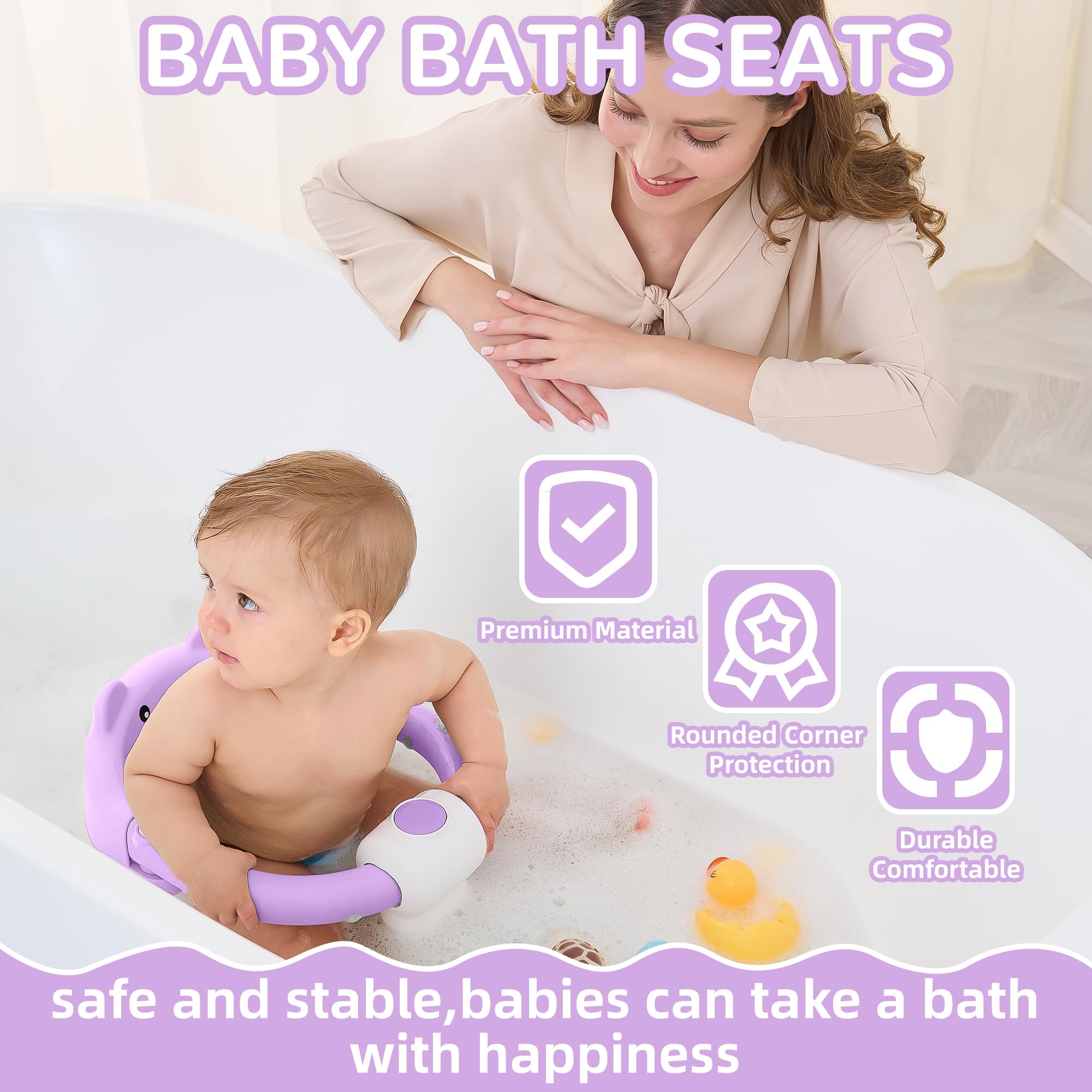 Non-Slip Baby Bath Seat for Infants 6-24 Months | Safe Toddler Bathtub Chair with 4 Suction Cups & Soft Cushion | Lavender Shower Seat for Newborns Learning to Sit | Perfect for Bath Time Safety & Comfort