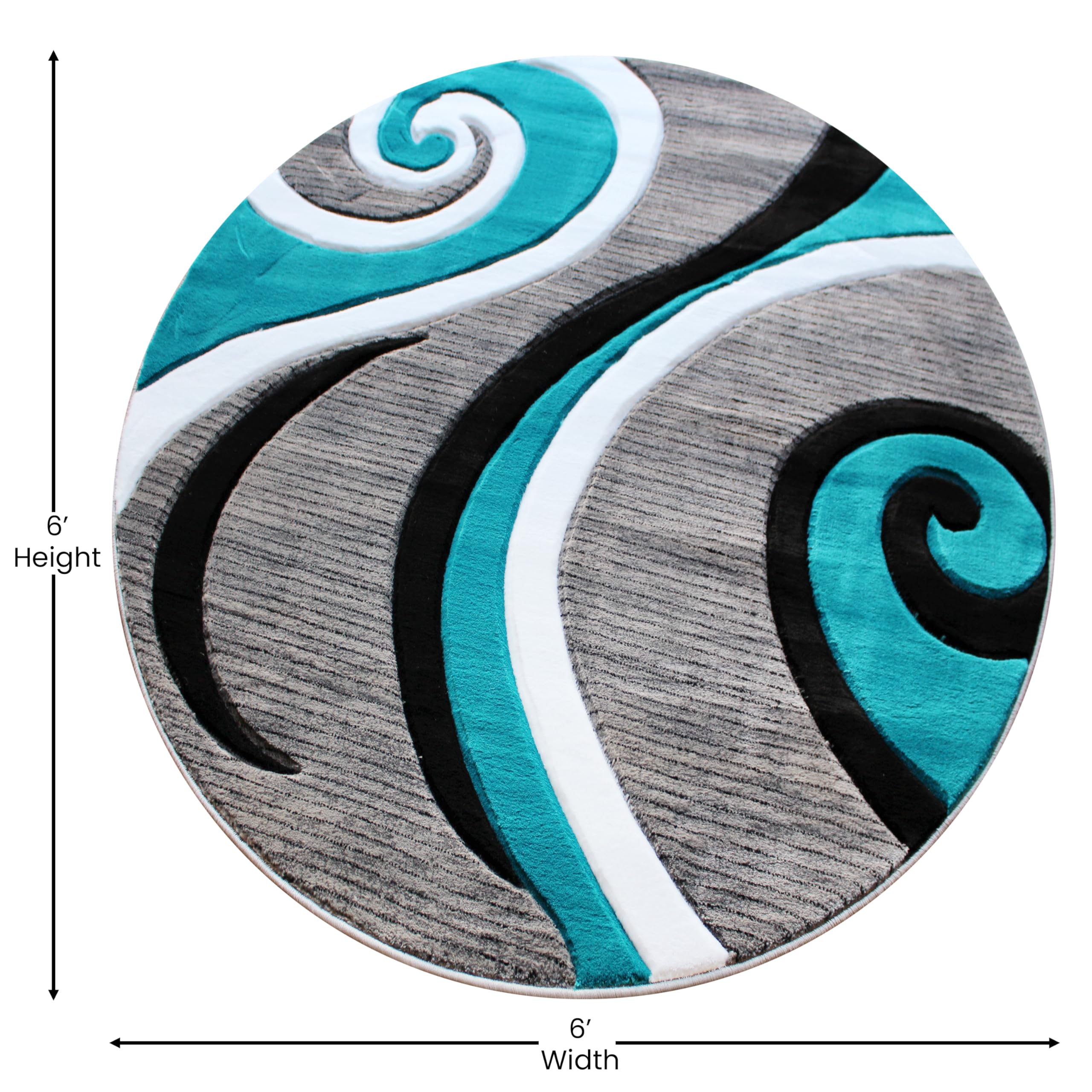 EMMA + OLIVER 5x5 Round Turquoise Contemporary Swirl Pattern Accent Rug - Modal Olefin Fabric with 3D Sculpted Effect & Varied Textures - Stain Resistant with Jute Backing - Perfect for Living Room, Bedroom or Office Decor