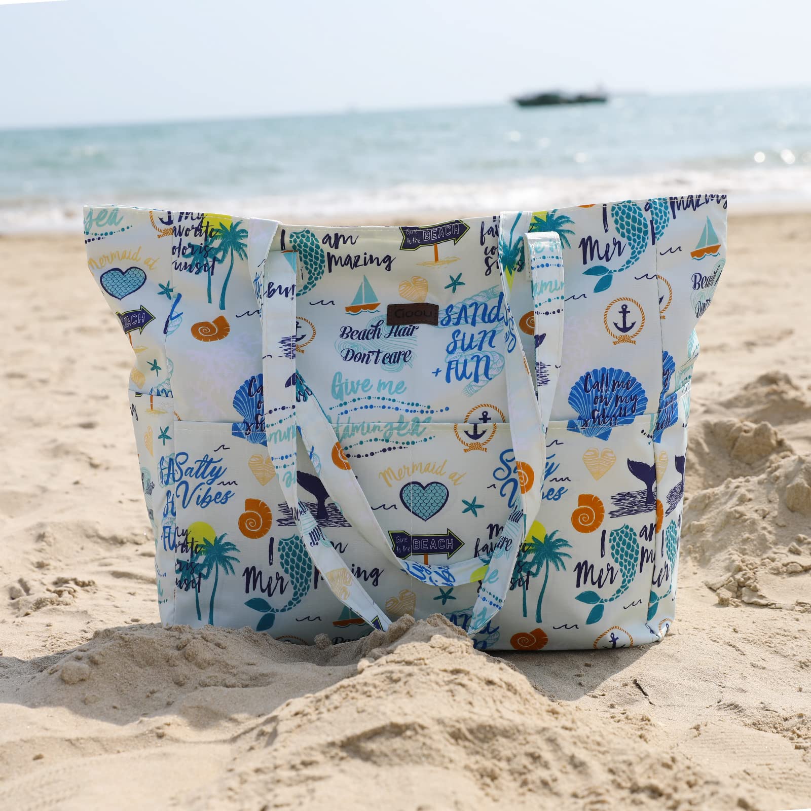Large Waterproof Canvas Beach Tote Bag for Women - Straw Design Pool Bag with Shoulder Strap - Perfect for Travel, Swimming, and Summer Outings