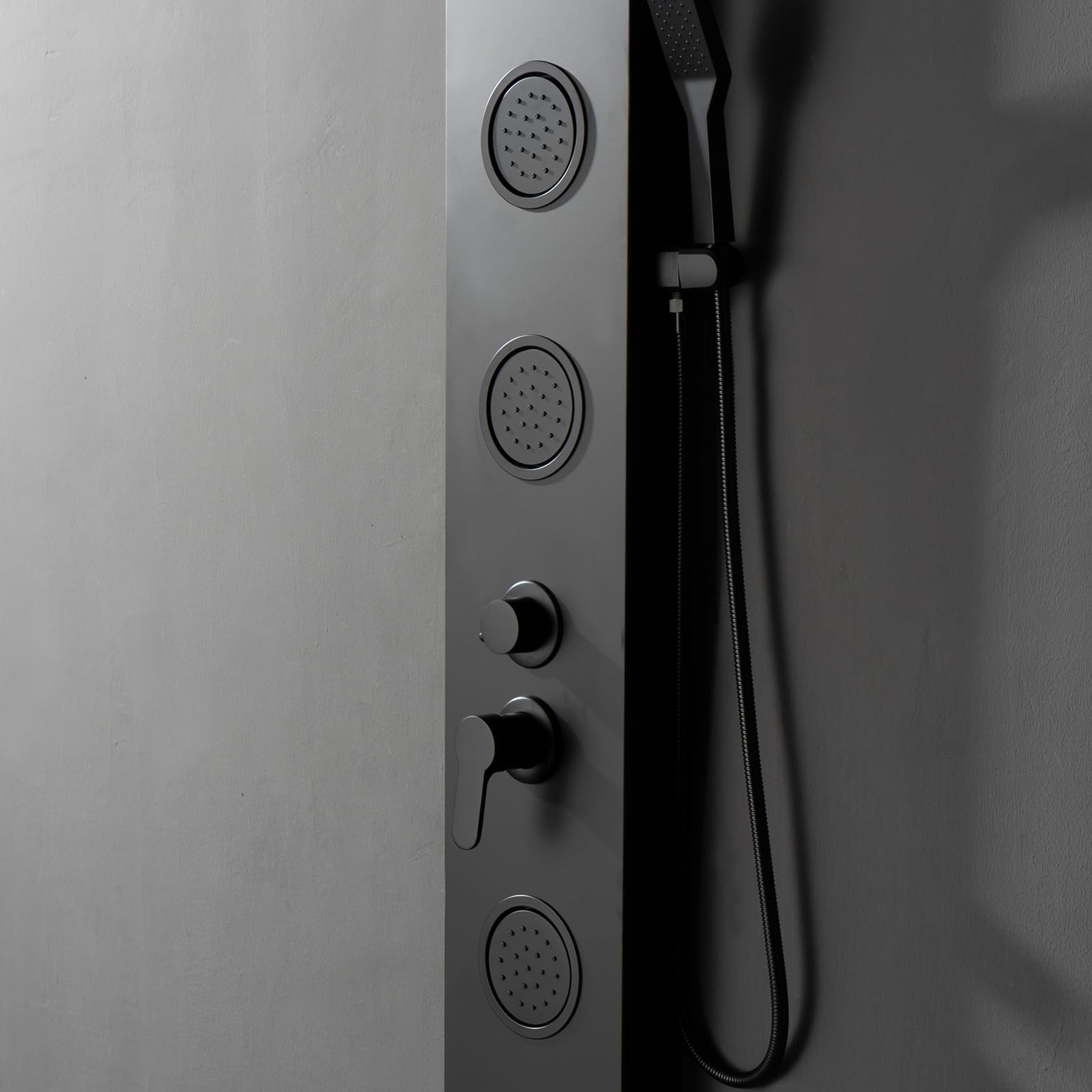 BWE 5-in-1 Stainless Steel Shower Panel System - Black Tower with Rainfall Shower Head, Waterfall Spray, Body Jets & Bathtub Spout | Luxury Bathroom Upgrade for Spa-Like Experience