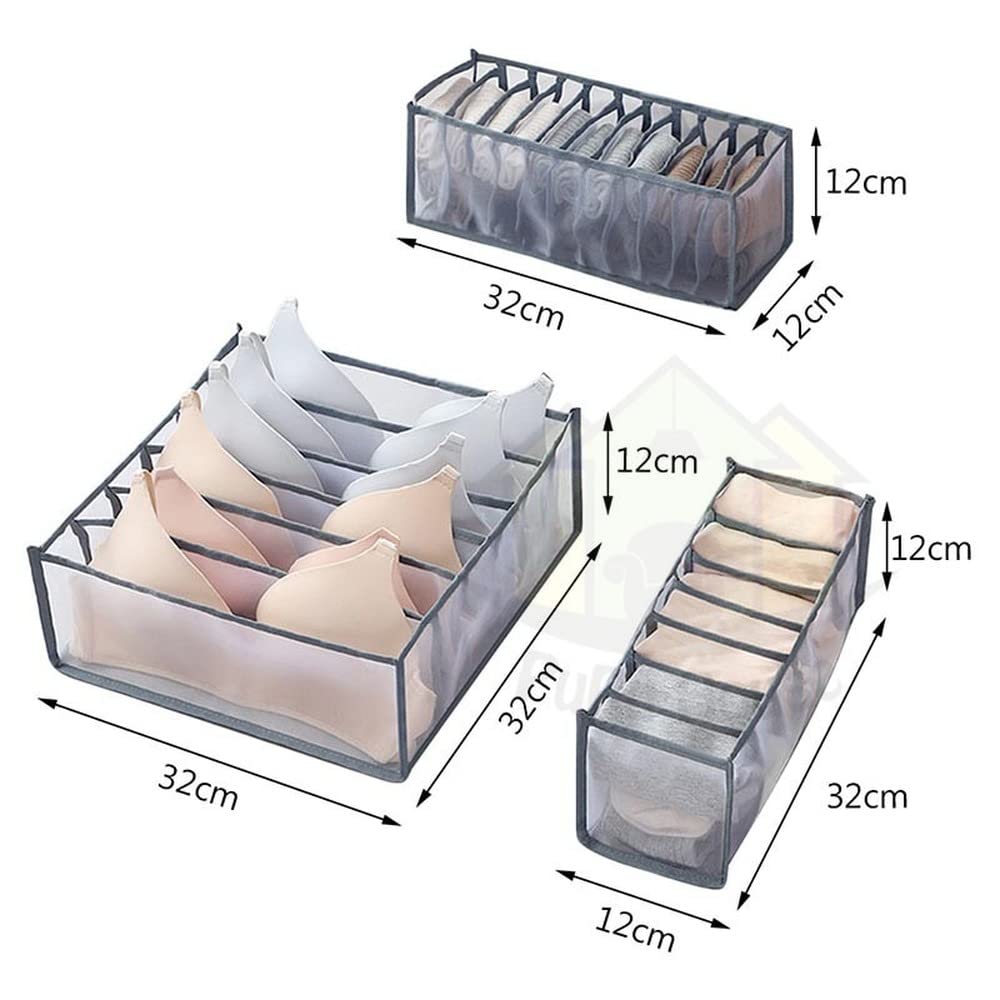 3-Piece Mesh Underwear & Bra Storage Box Set - Stackable Drawer Organizer for Closet, Panties, Socks & Clothes - Space Saving Home Organization Solution (Gray) - Perfect for Bedroom, Dorm & Travel Use