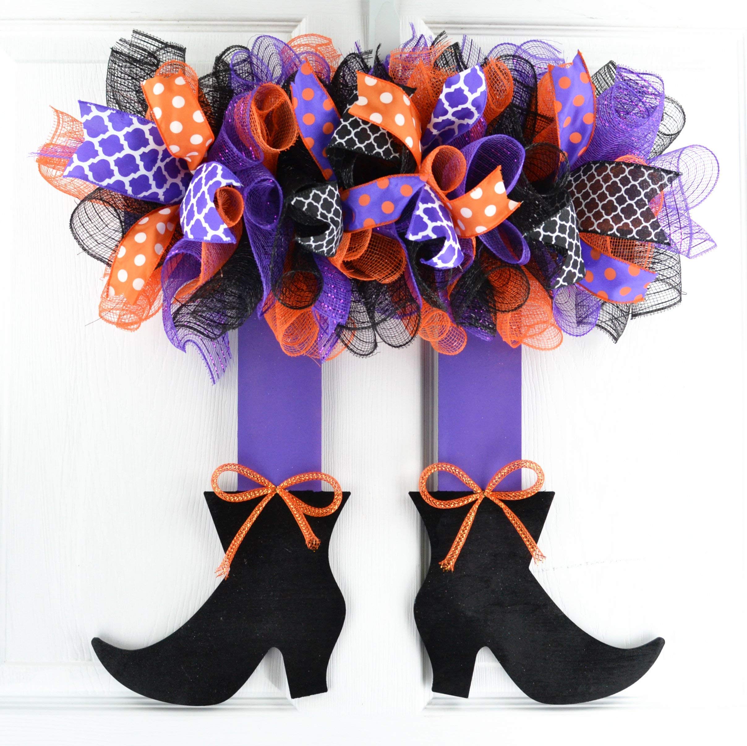 Halloween Wreath Outdoor Decor - Purple Orange Black Witch Mesh Wreath for Front Door | Spooky Seasonal Decoration for Halloween Parties & Home Entryway
