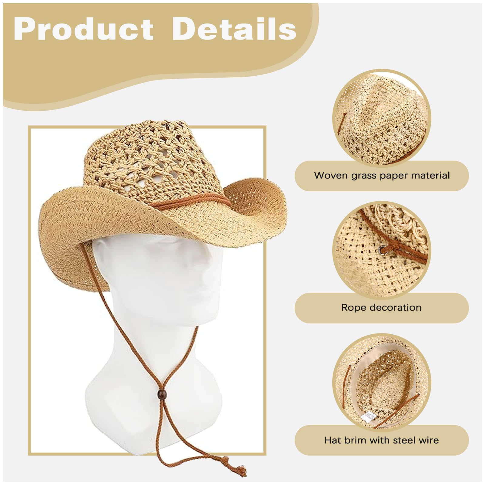 Stylish Straw Cowboy Hat with Wide Brim - Summer Western Sun Hat for Men & Women - Perfect for Beach, Festival, and Outdoor Activities