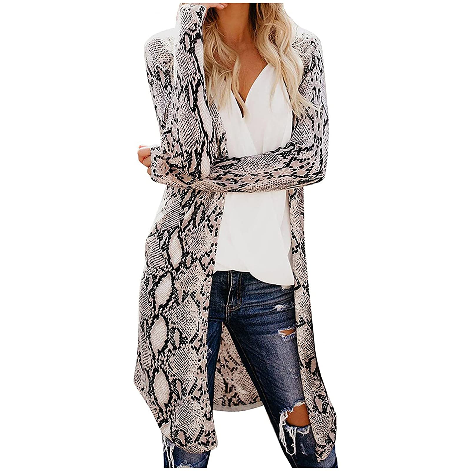 Women's Lightweight Long Cardigans with Snakeskin Print - Trendy Casual Open Front Long Sleeve Outerwear for Fall, Office Wear & Layering Outfits