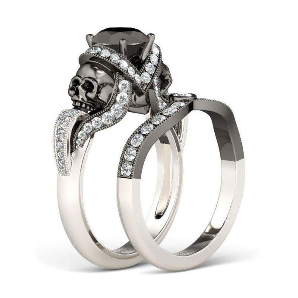 Jeulia Black Diamond Wedding Ring Set for Women & Men - 925 Sterling Silver Skull Twist Rings, Nightmare Before Christmas Jewelry, Halloween CZ Solitaire Anniversary Promise Rings - Perfect for Gothic Weddings, Halloween Costumes & Alternative Fashion Lovers