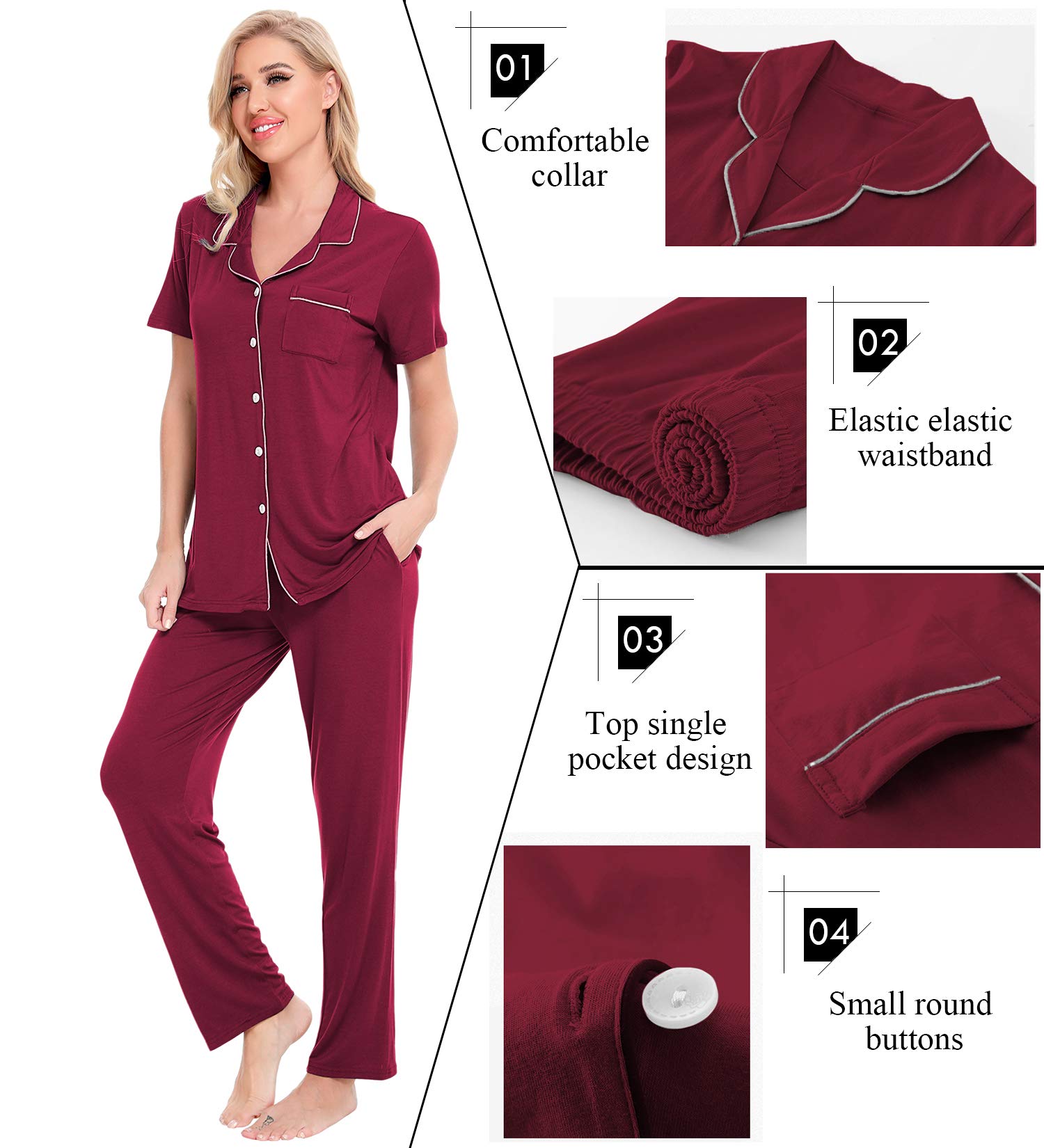 SWOMOG Women's 2-Piece Pajama Set - Soft Short Sleeve Button Down Sleepwear with Comfortable Long Pants for Nightwear, Lounge & Relaxation at Home