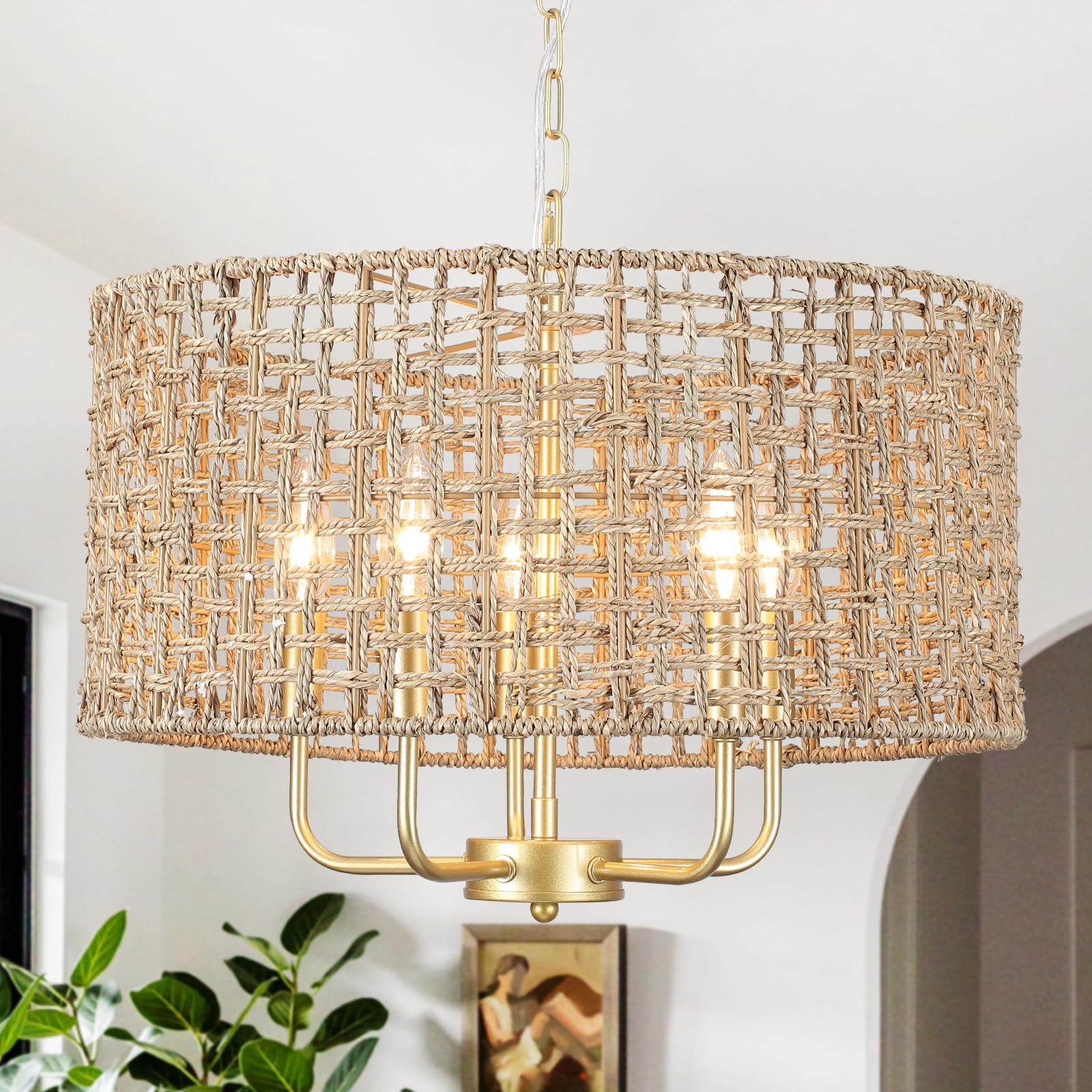 Boho Rattan Chandelier - 5-Light Gold Woven Wicker Pendant Light for Dining Room, Kitchen Island & Bedroom | Coastal Style Drum Ceiling Fixture for Living Room & Entryway | Perfect for Farmhouse, Beach House & Boho Decor