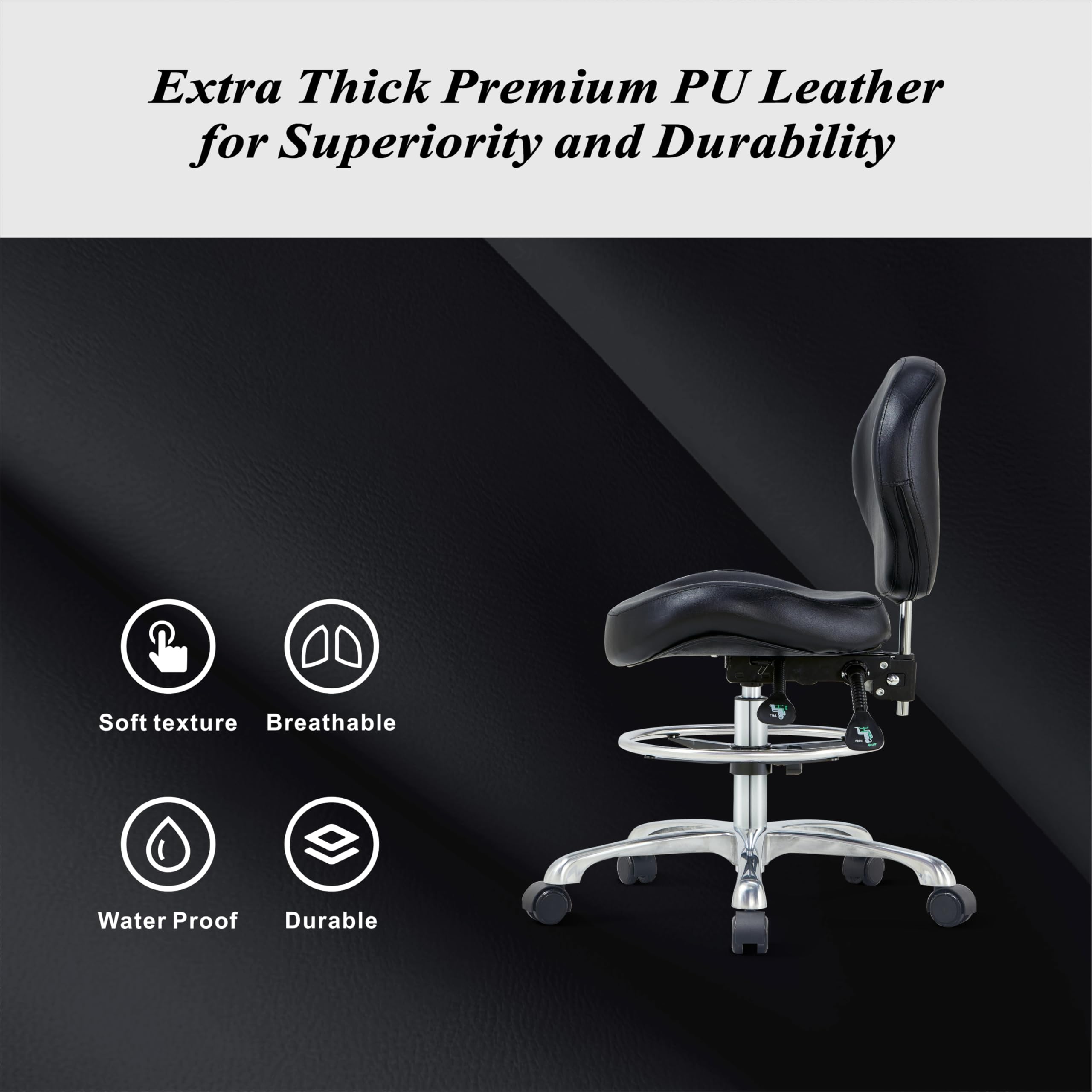 Ergonomic Drafting Stool with Back Support - Adjustable Height Rolling Office Chair with Wheels for Computer Work, Home Office, Studio & Crafting - Comfortable Black Shop Stool for Artists, Designers & Professionals