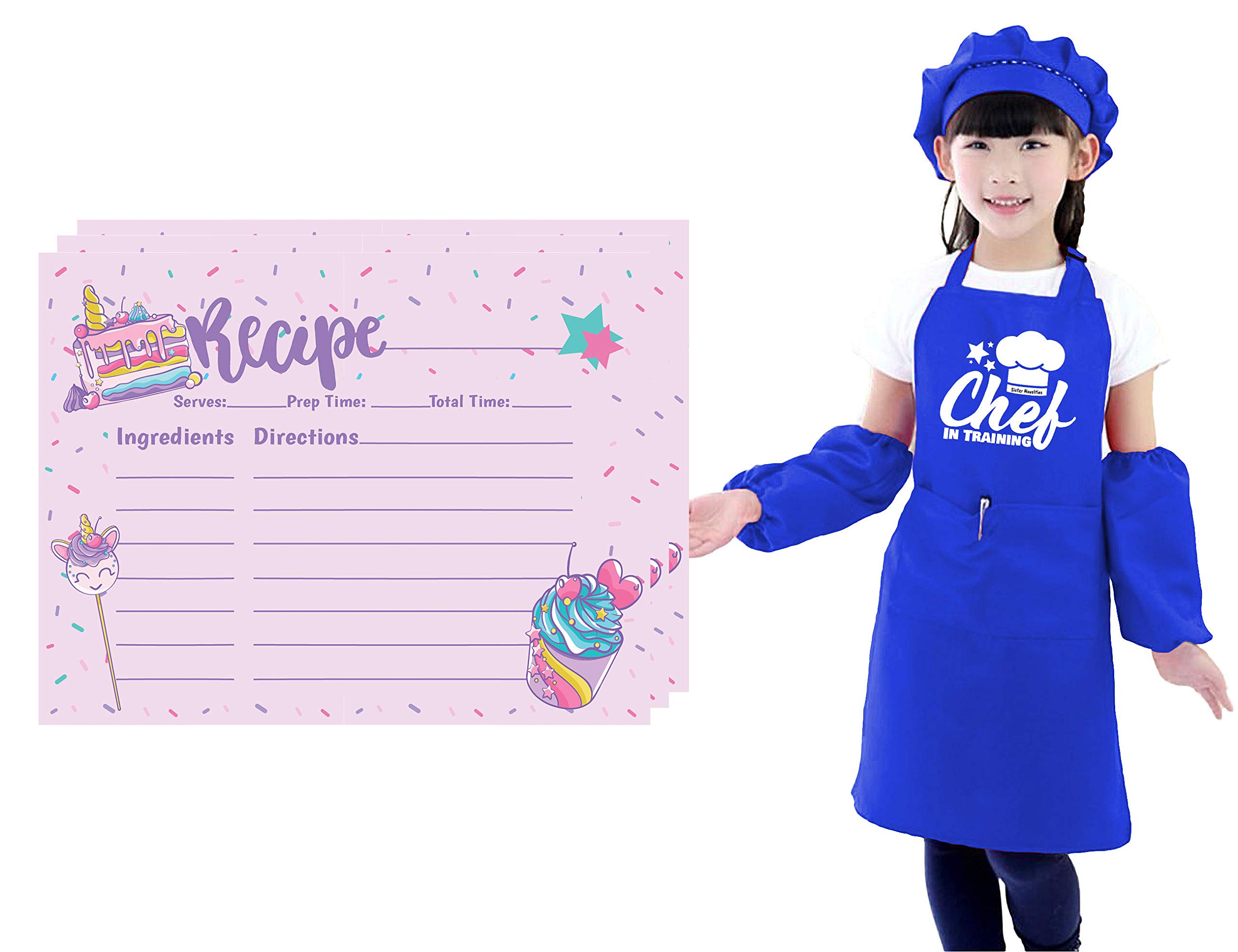 **Unicorn Rainbow Kids Kitchen Apron Set with Chef Hat & Recipe Cards - Adjustable Cooking Aprons for Girls & Boys - Fun Baking & Pretend Play Accessories for Little Chefs (Royal Blue) - Perfect for Birthday Gifts & Play Kitchen Activities**