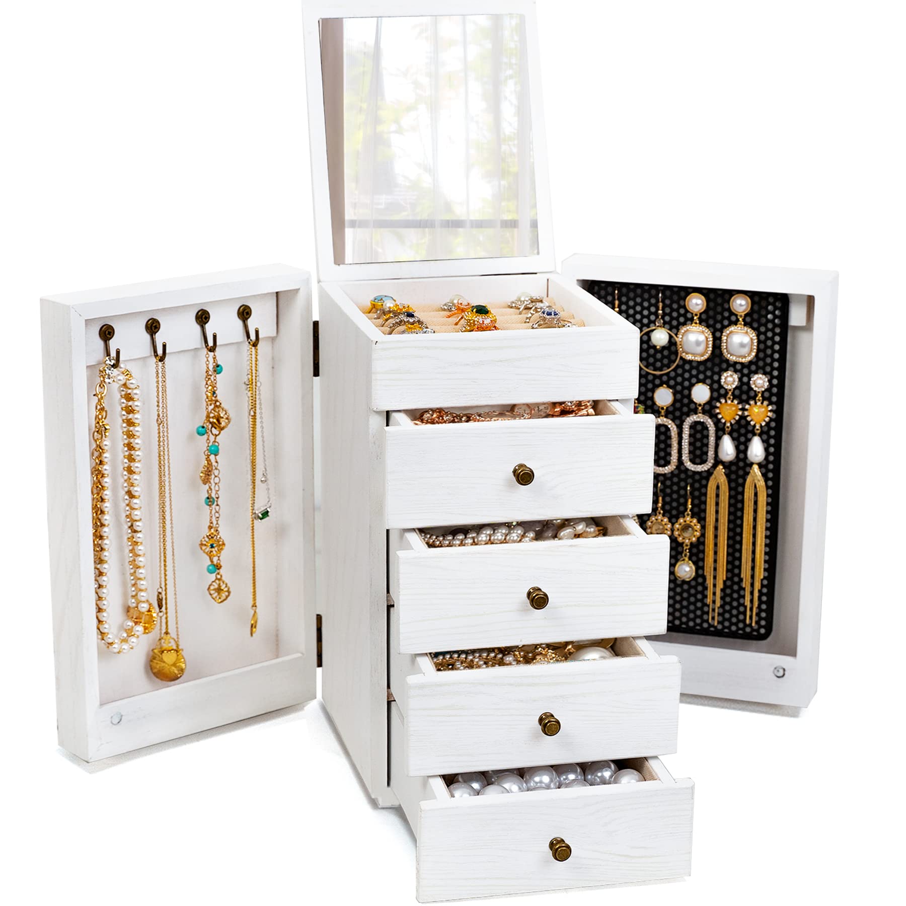 Meangood 5-Layer Wooden Jewelry Organizer Box with Mirror & 4 Drawers - Large Storage for Rings, Earrings, Necklaces (White) - Perfect for Women's Bedroom Vanity, Dresser & Travel Jewelry Organization