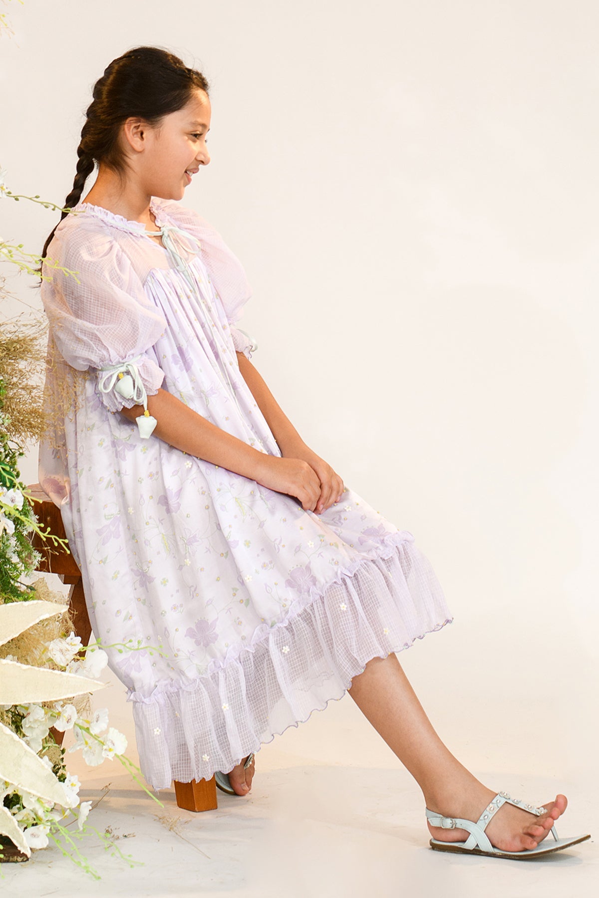 Elegant Puff Sleeve Self-Tie Dress for Girls - Vintage Inspired Curio Cabinet Style - Perfect for Birthday Parties, Tea Time & Special Occasions