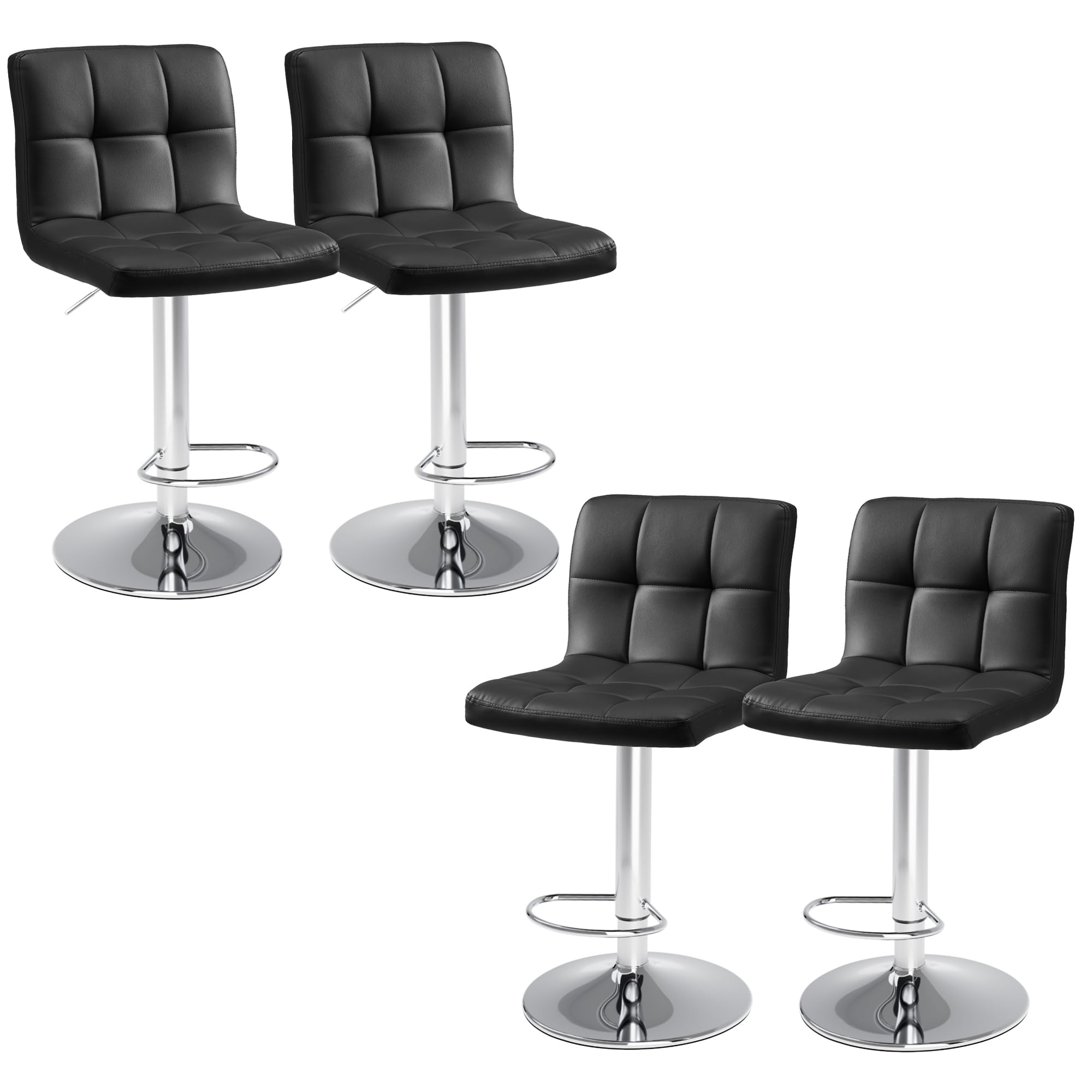 4 Pack Adjustable Swivel Bar Stools - PU Leather Hydraulic Counter Height Kitchen Stools with Thickened Cushion & Back Support, Armless Square Barstools for Kitchen Island, Breakfast Nook & Home Bar