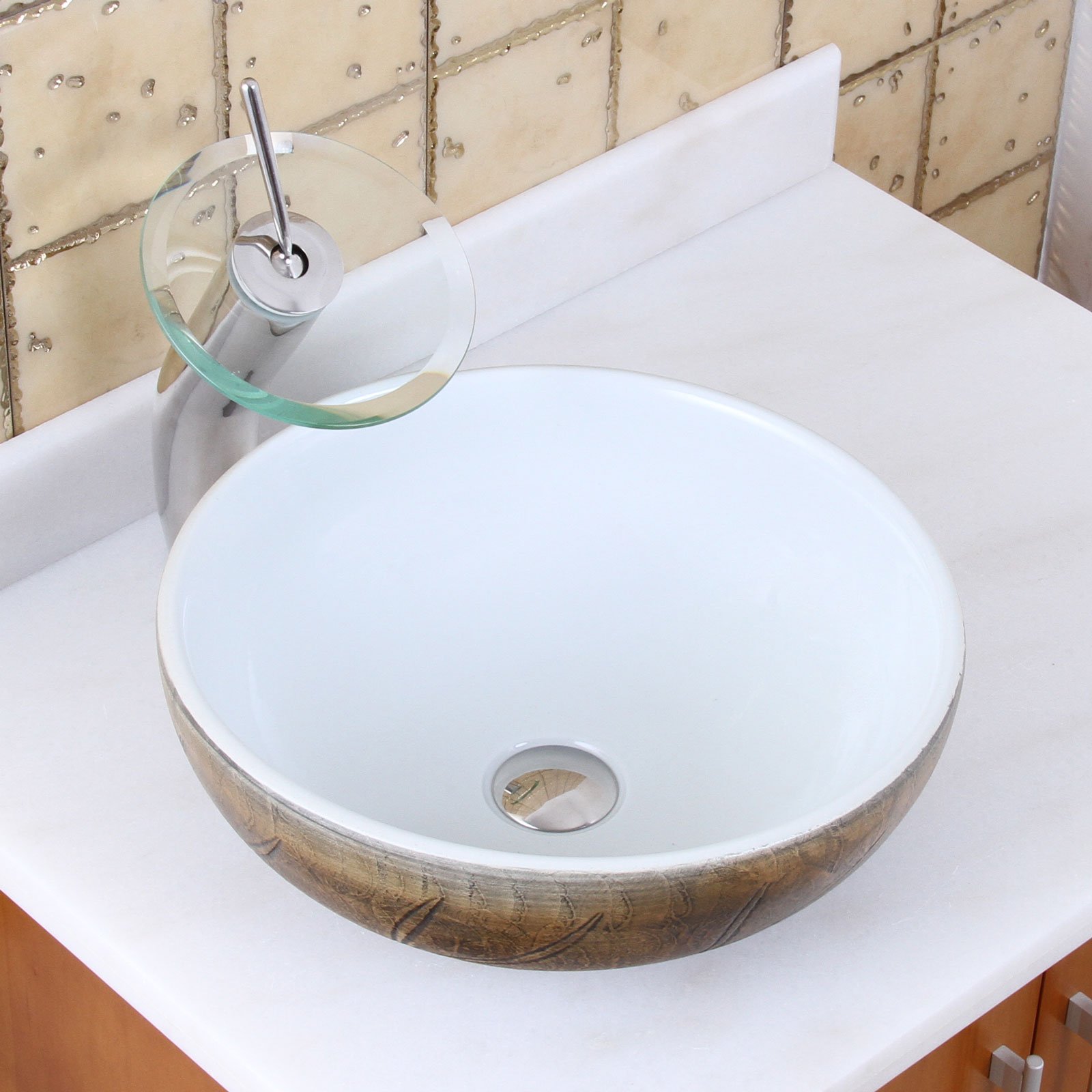 ELITE Round Autumn Leaf & White Porcelain Ceramic Bathroom Vessel Sink with Chrome Waterfall Faucet Combo - Modern Vanity Sink for Powder Room, Guest Bath, and Luxury Home Decor