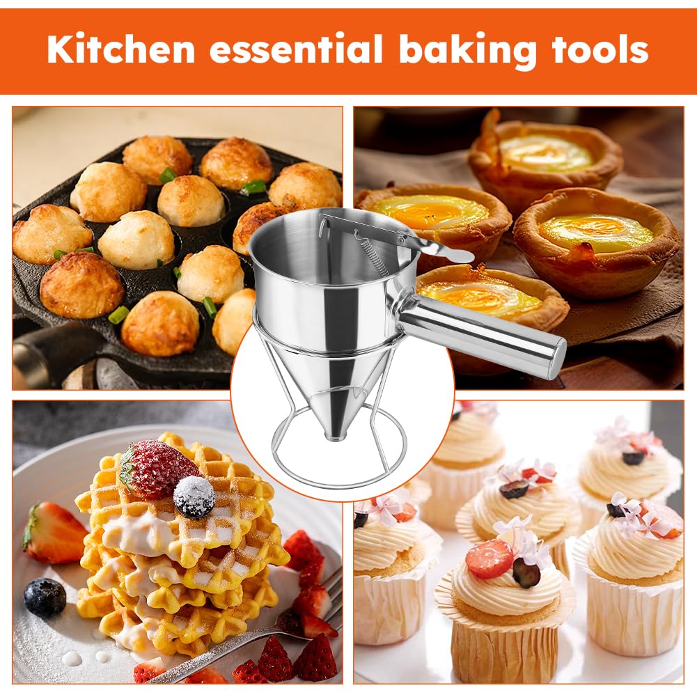 Stainless Steel Pancake Batter Dispenser with Squeeze Handle & Stand - 1200ml Funnel Cake & Takoyaki Balls Tool for Pancakes, Cupcakes, Donuts, Waffles - Perfect for Breakfast, Desserts & Party Cooking