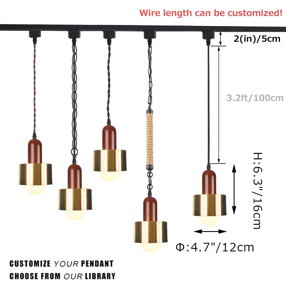 Dimmable Modern J-Type Track Light with Wooden Handle & Gold Lampshade - Compatible with Juno Track System - Mini Pendant Lighting for Kitchen Island, Dining Room & Bar Counter - Customizable 3-Light Hanging Fixture Set