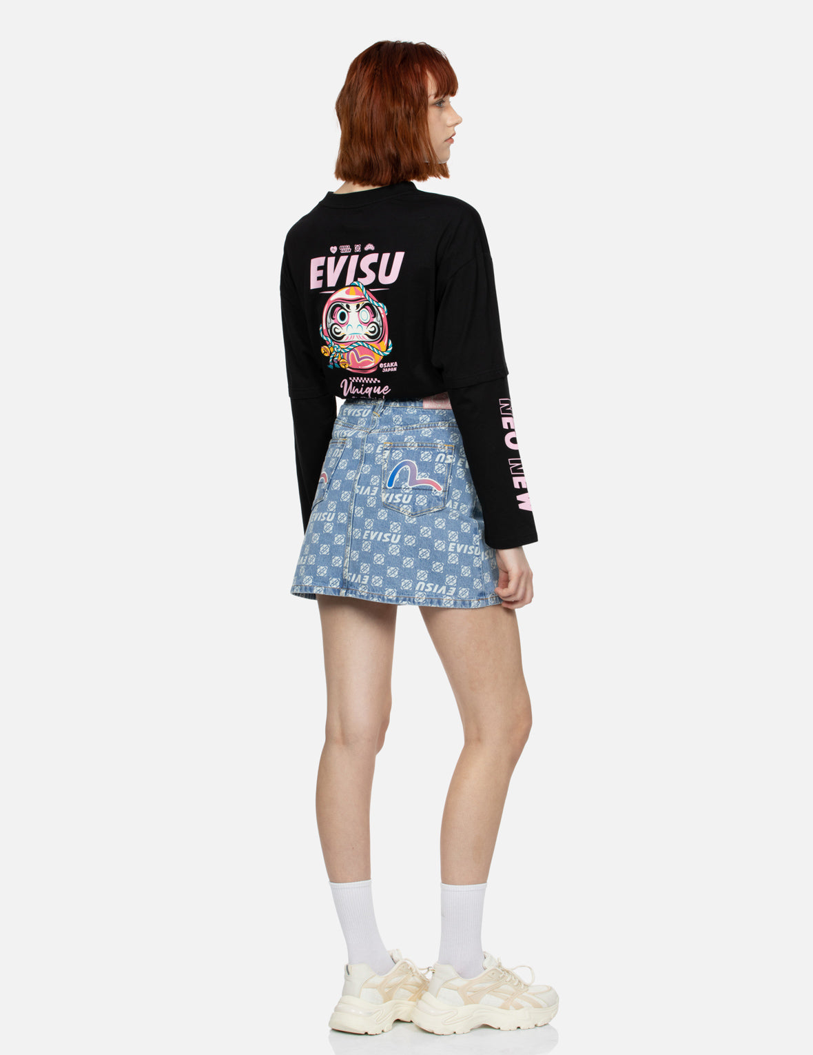 Vintage Allover Logo & Kamon Print Relaxed Fit Denim Skirt for Women - Casual Streetwear, Retro Fashion, and Everyday Comfort