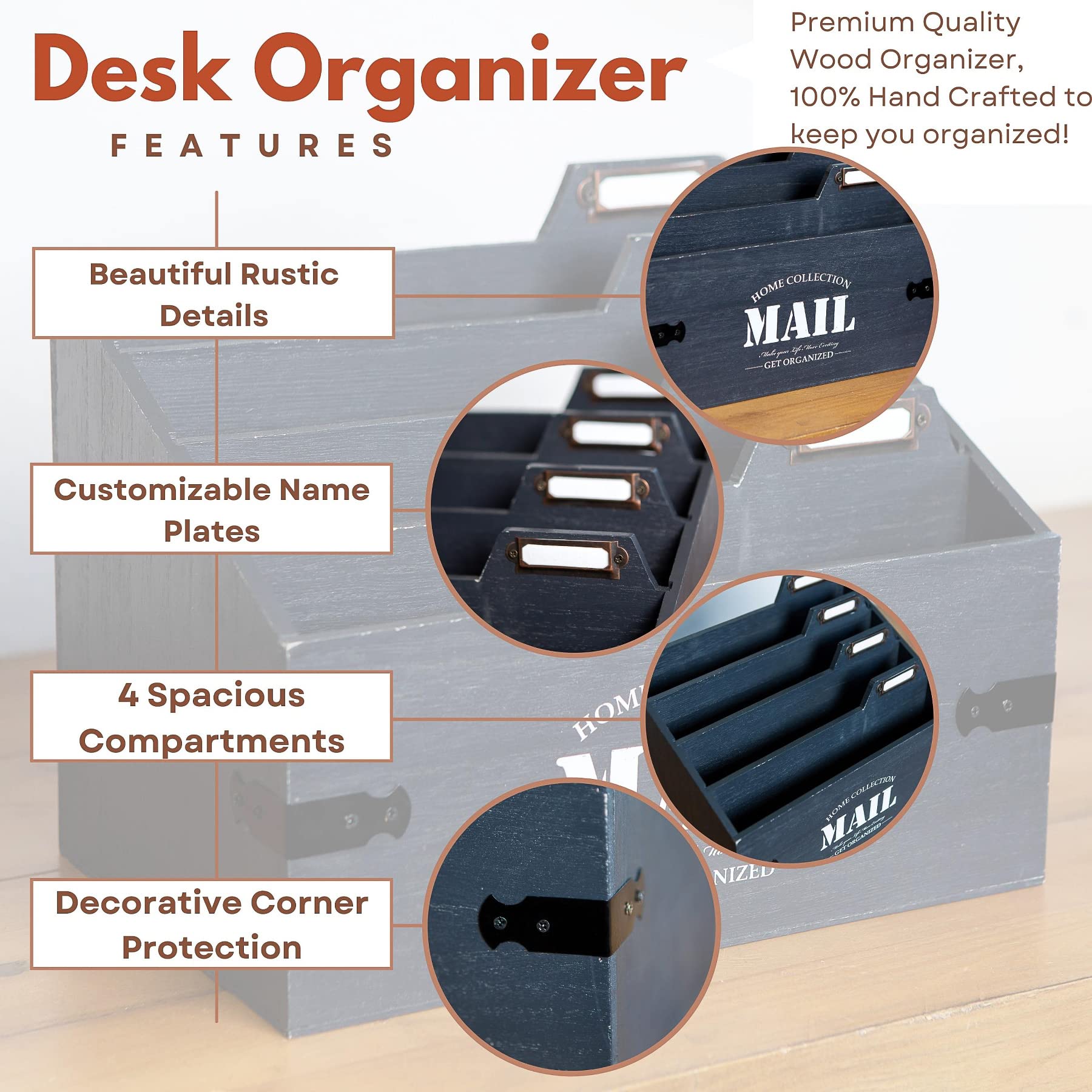 25DOL XXL Wooden Mail Organizer - 7 x 10.8 Inch Desktop Letter Sorter, File Holder & Desk Organizer for Office, Home - Rustic Mail & Document Storage Solution (Perfect for Bills, Letters, Files)