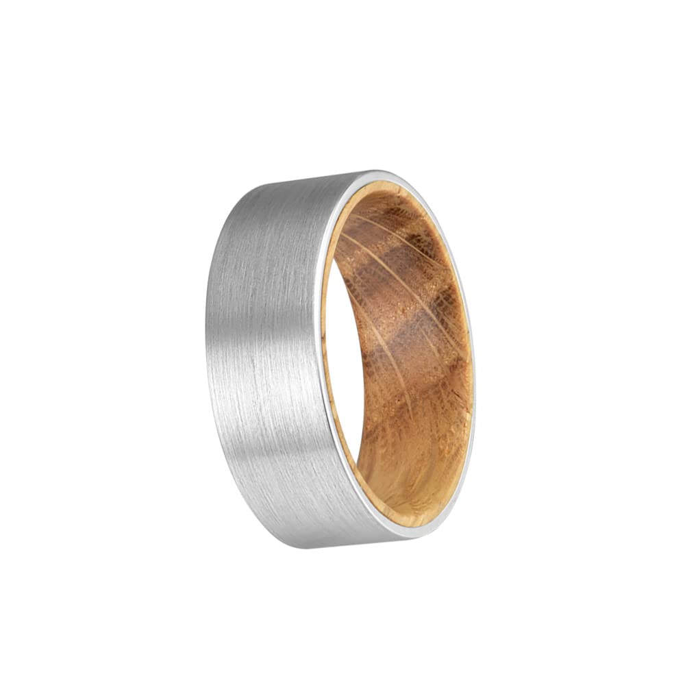 Men's Whiskey Barrel Wood & Silver Tungsten Wedding Band - Brushed Finish Rustic Comfort Fit Ring for Him - Perfect for Weddings, Anniversaries & Gifts