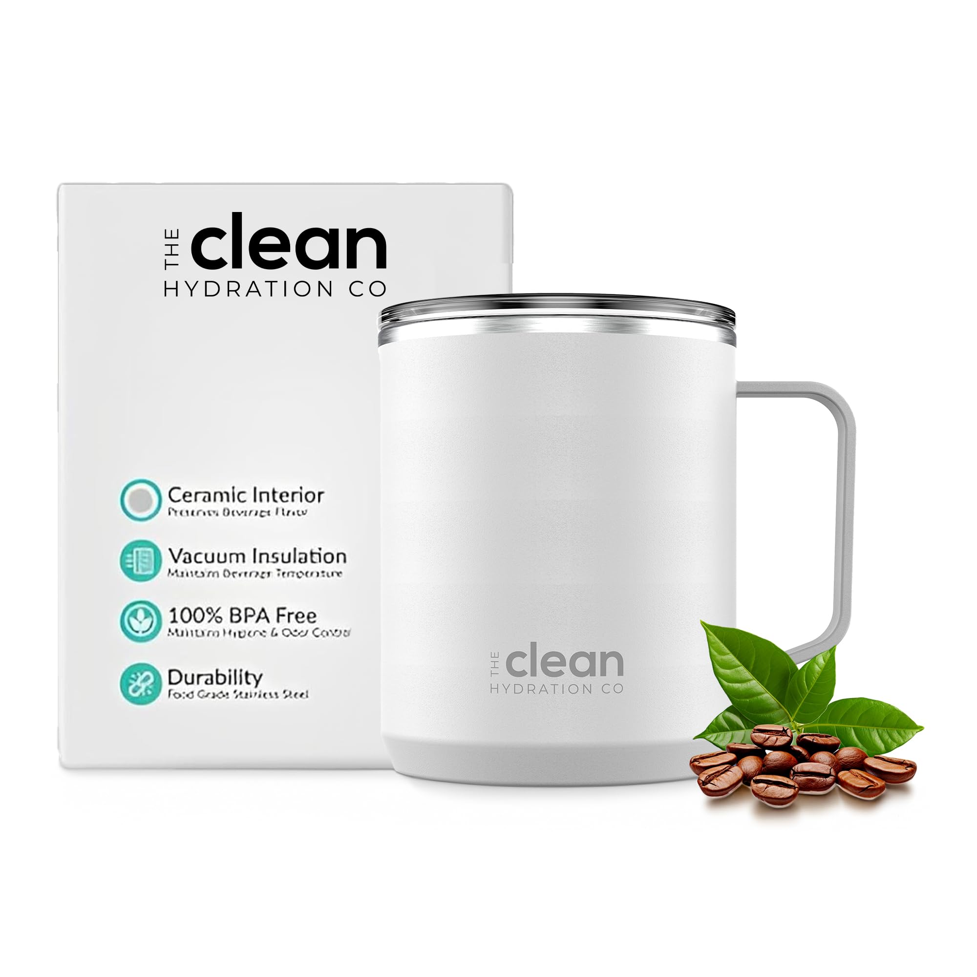 Premium Insulated Coffee Tumbler - 12oz Double Wall Vacuum Travel Mug with Ceramic Lining & Leak-Proof Lid - Keeps Hot/Cold for Hours - Perfect for Commuting, Office, Hiking & Outdoor Activities (White)