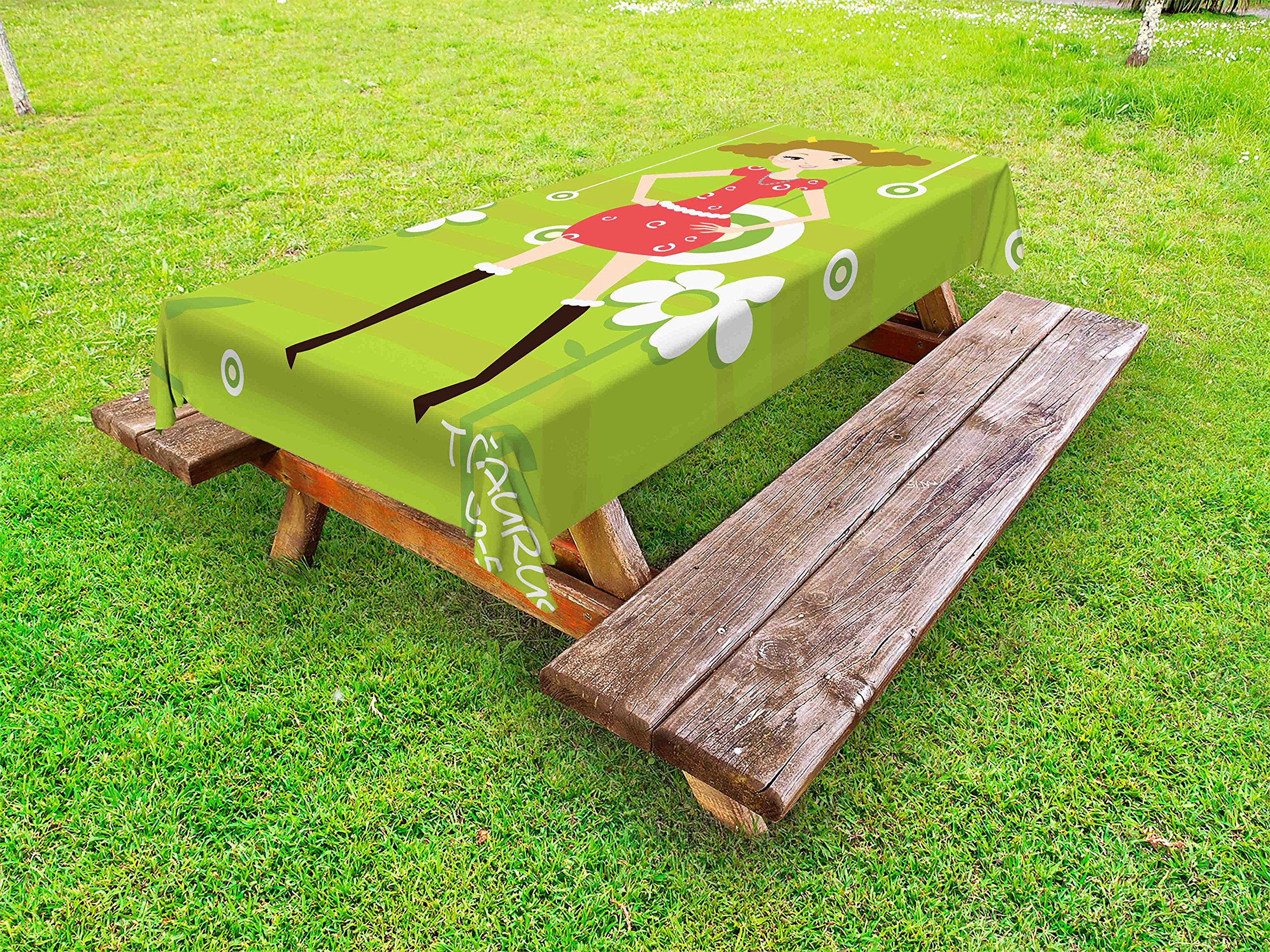 Ambesonne Zodiac Taurus Outdoor Tablecloth - Fashion Taurus Young Girl Standing on Green Floral Backdrop - Decorative Washable Picnic Table Cover 58