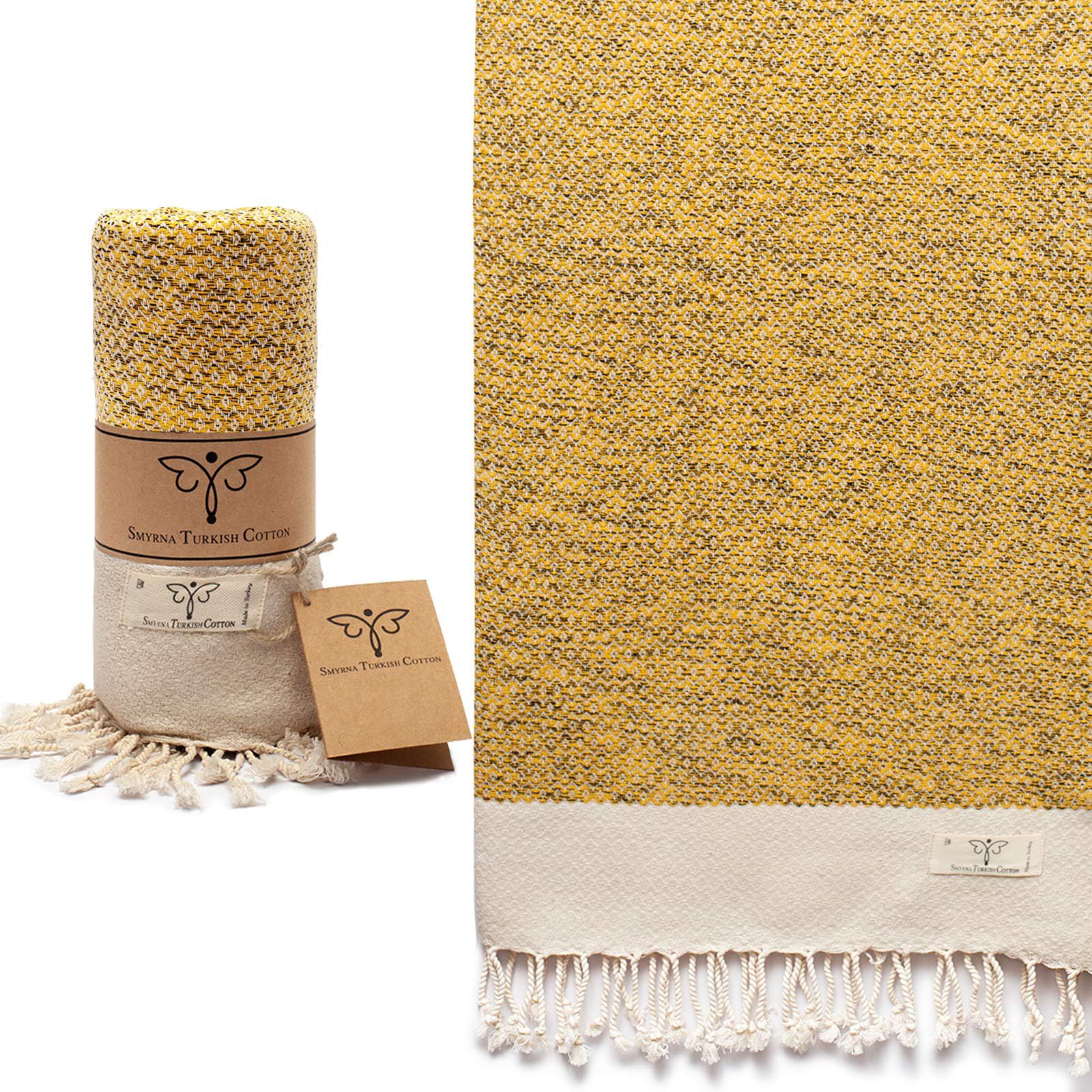 SMYRNA TURKISH COTTON Vintage Series Oversized Beach Towel - 37x71 Inch Extra Large, Quick Dry & Sand Free - Lightweight Cotton for Pool, Spa, Travel, Gym & Bath - Perfect for Beach Days, Yoga & Picnics (Yellow)