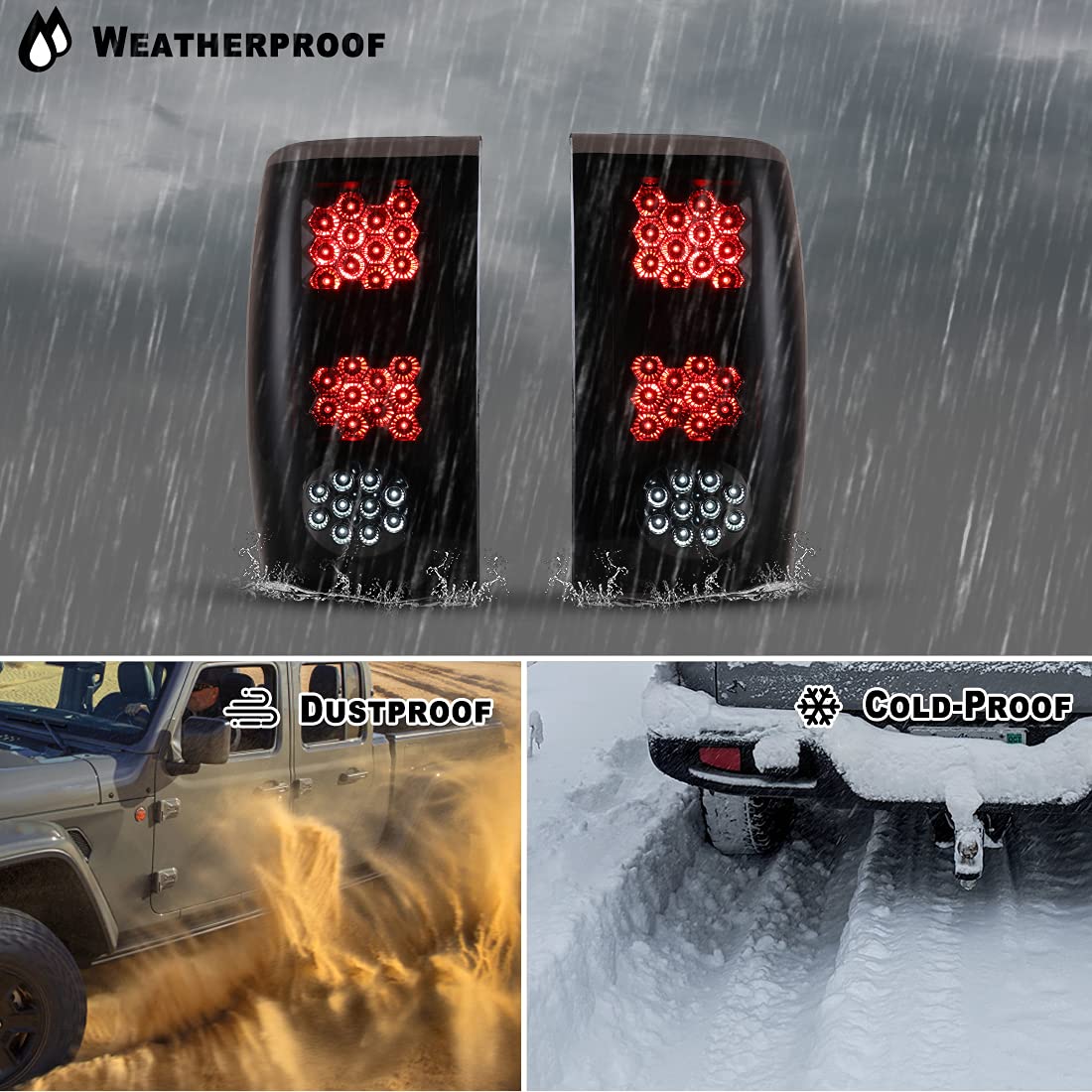 ROXX Full LED Tail Lights Assembly for 1993-1999 Ford Ranger - Smoke Lens Replacement with LED Brake, Turn & Reverse Lights - Driver & Passenger Side (Perfect for Off-Roading, Night Driving & Truck Customization)