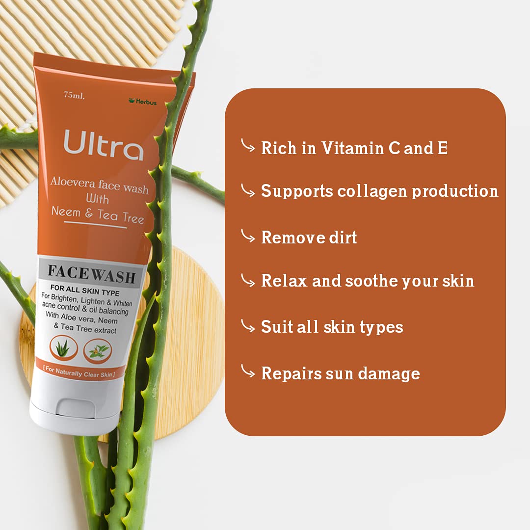 Ultra Healthcare Natural Aloe Vera, Neem & Tea Tree Extract Face Wash for Brightening, Lightening & Whitening Skin | Acne & Pimple Treatment | Oily Skin Control | Daily Cleansing for Clear & Balanced Skin