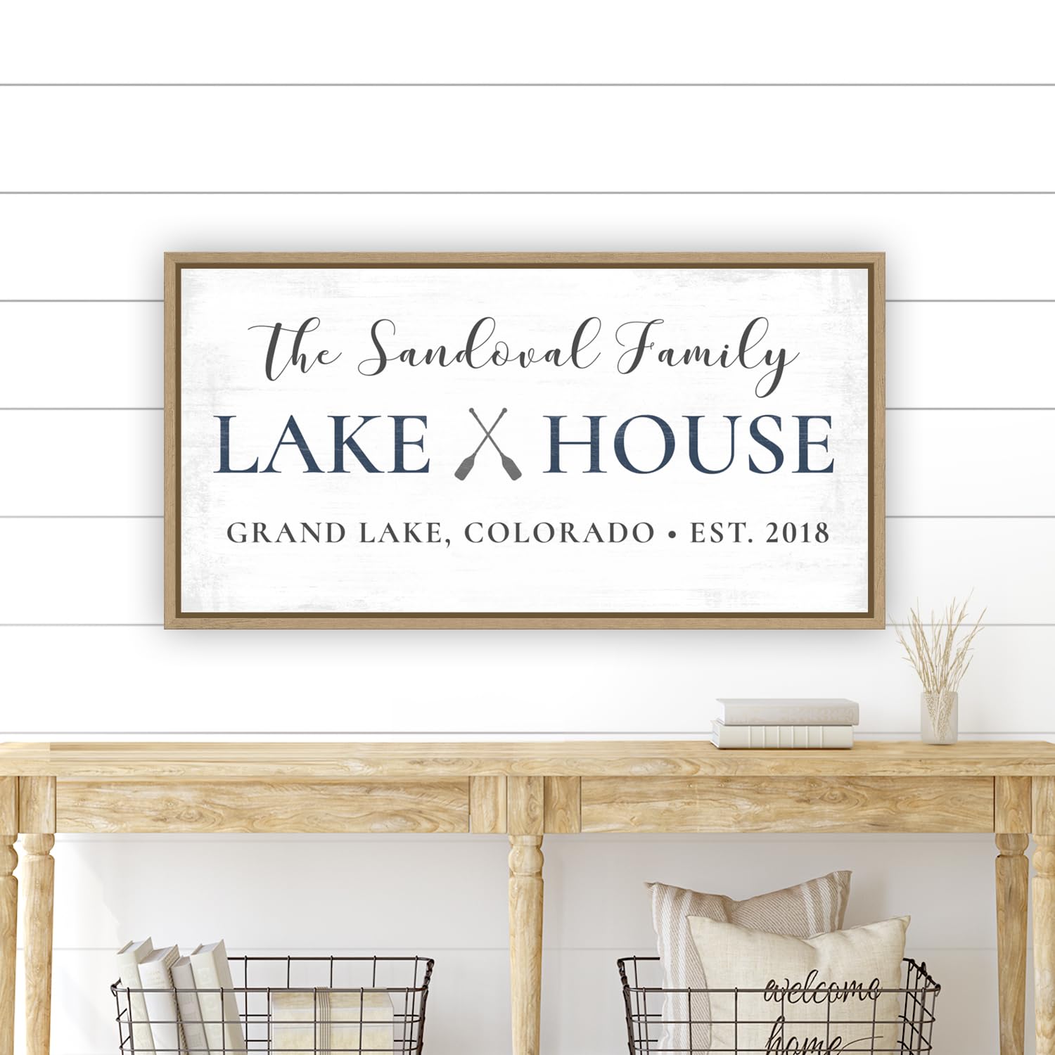 Custom Lake Signs Framed - Personalized Family Lake House Canvas Wall Art with Fishing Oars Design - 20